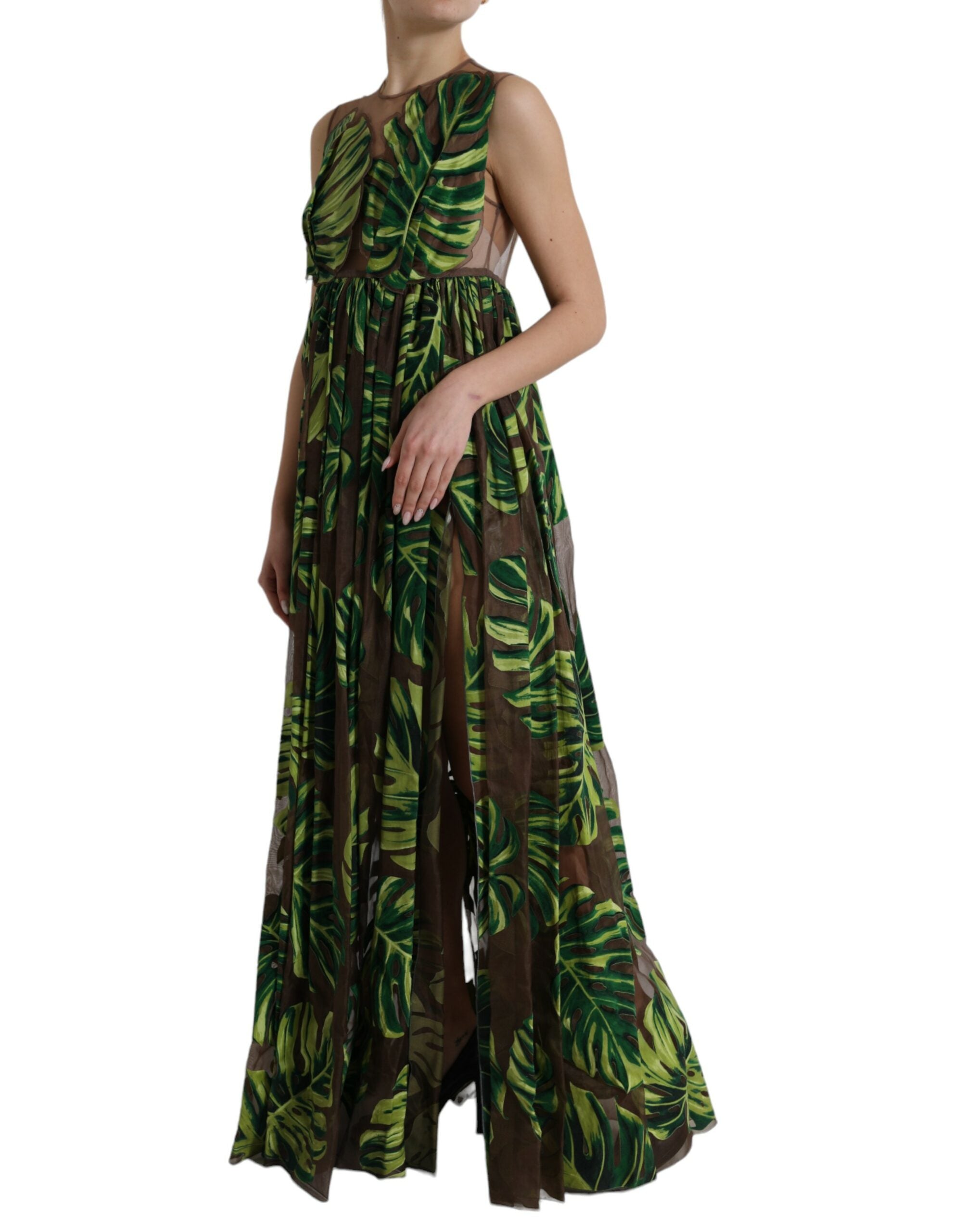 Green Banana Leaf Sleeveless Long Maxi Dress - ventzia