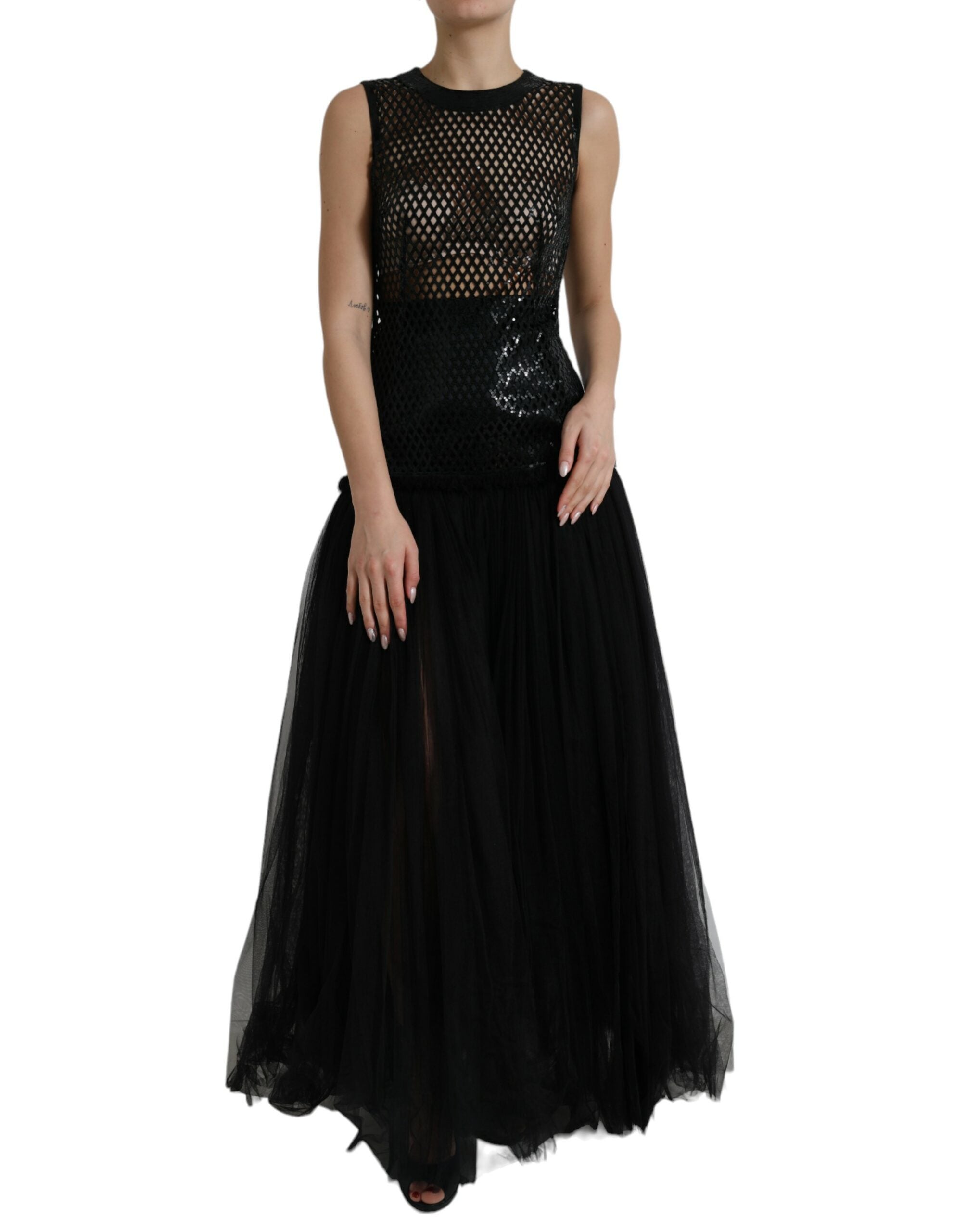 Black Sequined Sleeveless Mesh Layered Gown Dress - ventzia