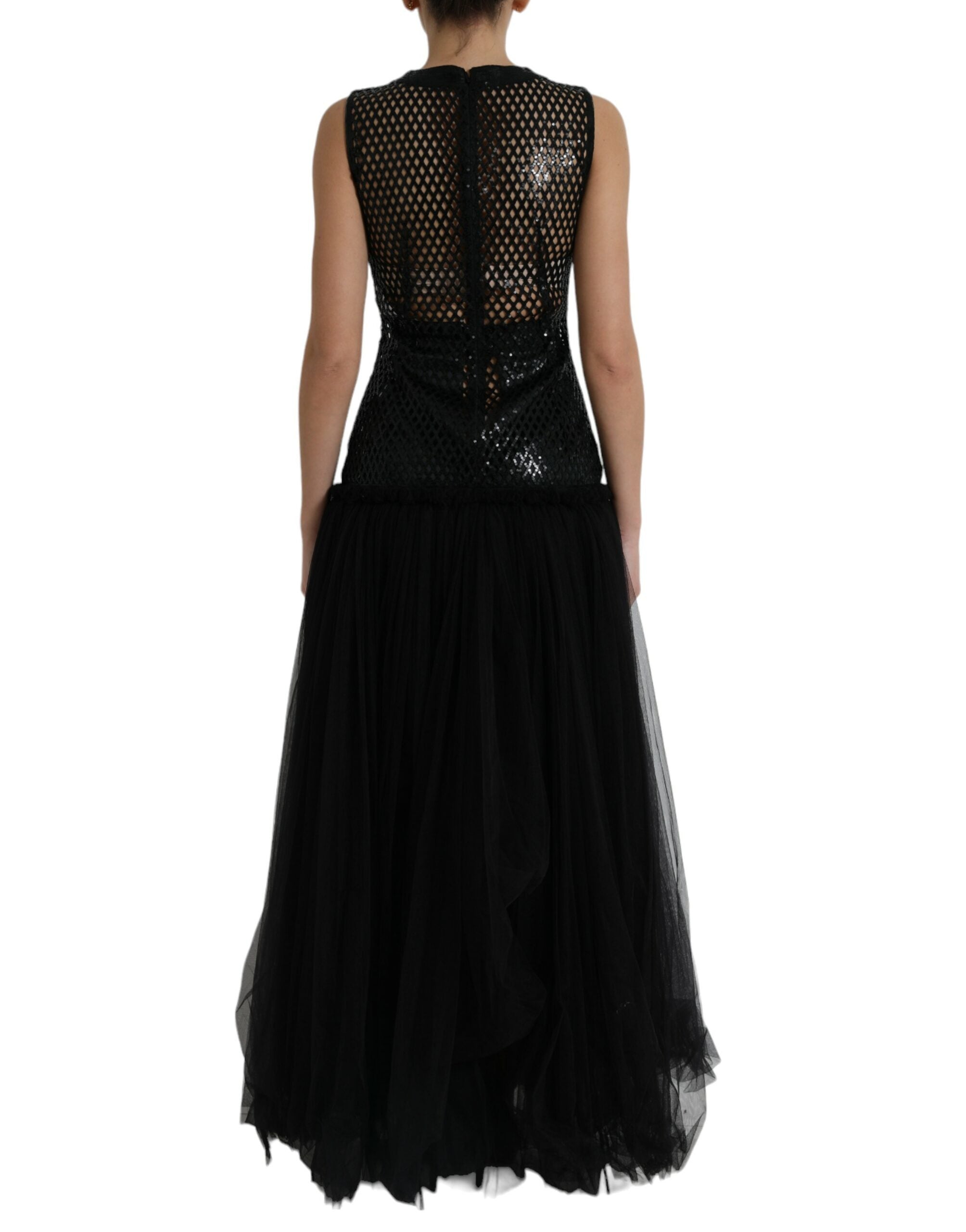 Black Sequined Sleeveless Mesh Layered Gown Dress - ventzia