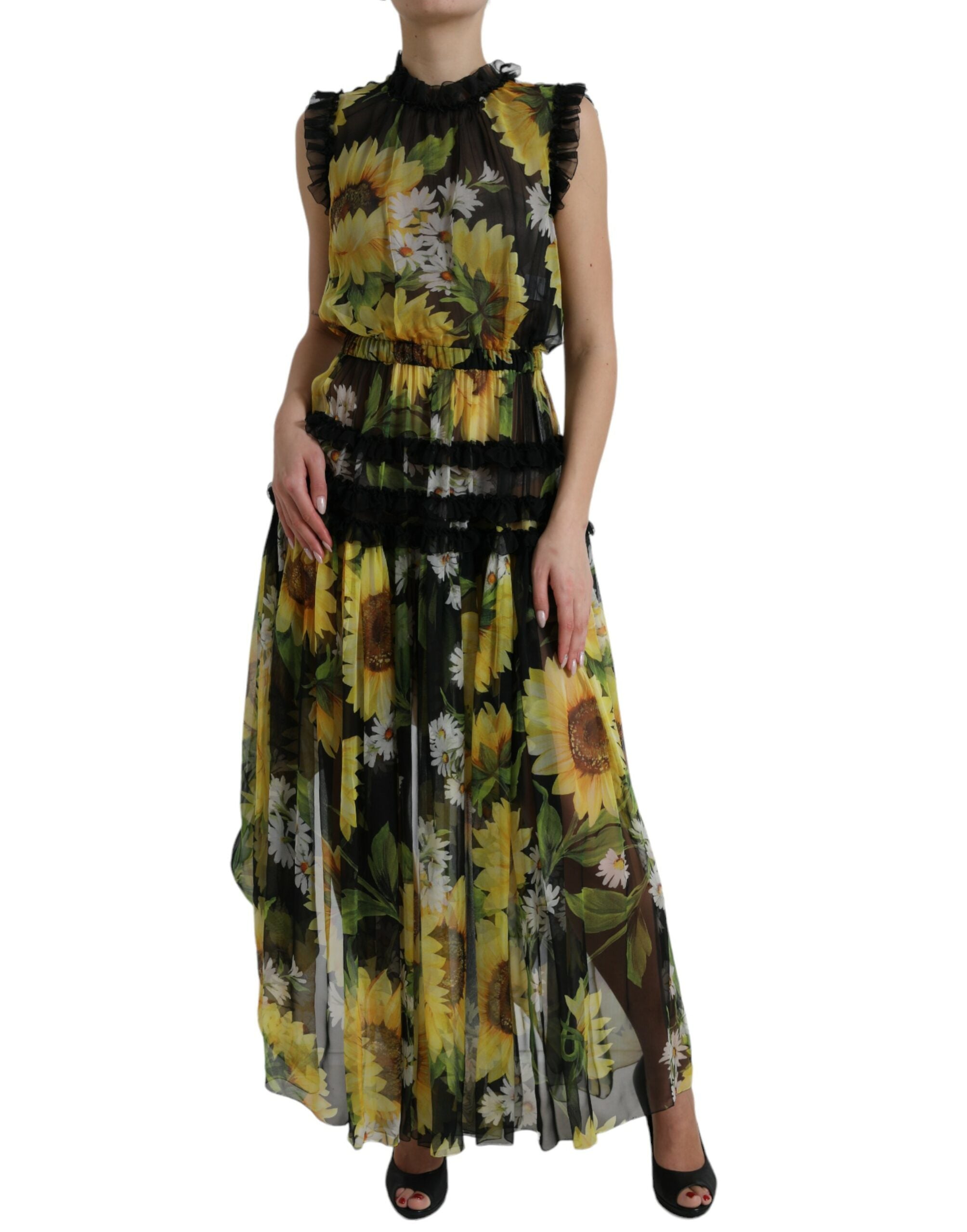 Black Sunflower A-line Pleated Maxi Dress - ventzia