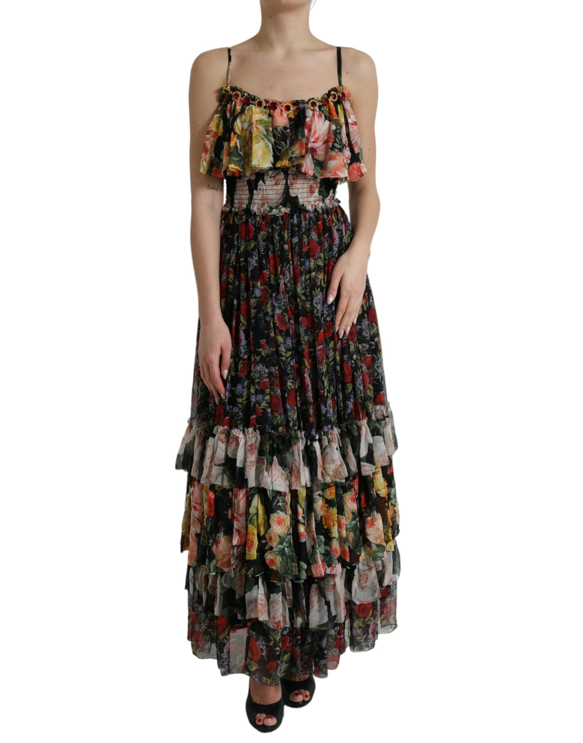 Multicolor Floral Chiffon Tiered Maxi Dress - ventzia