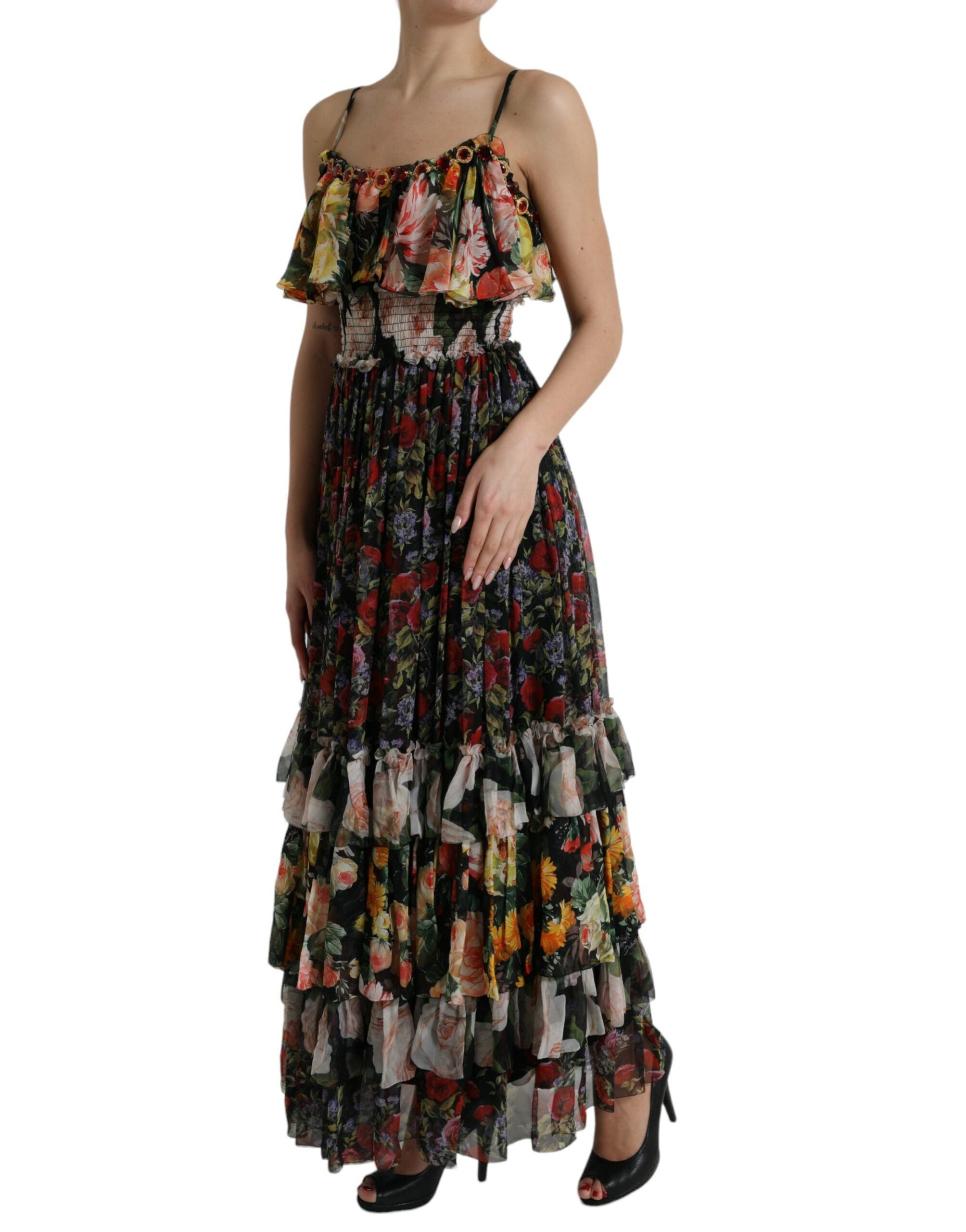 Multicolor Floral Chiffon Tiered Maxi Dress - ventzia