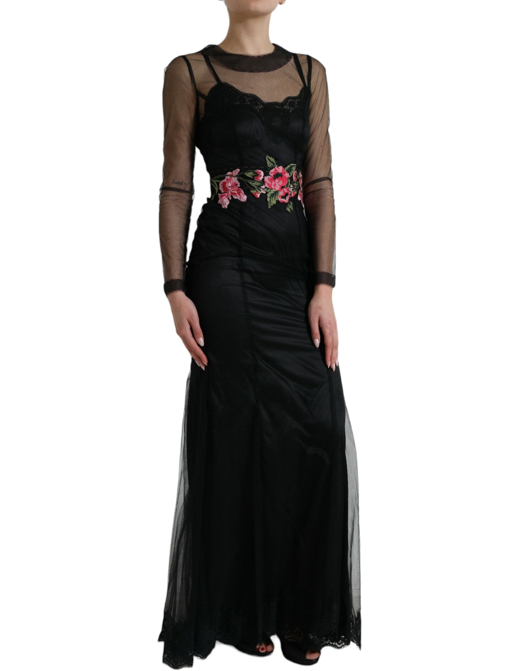 Black Floral Embroidery Mesh Tulle Gown Dress - ventzia