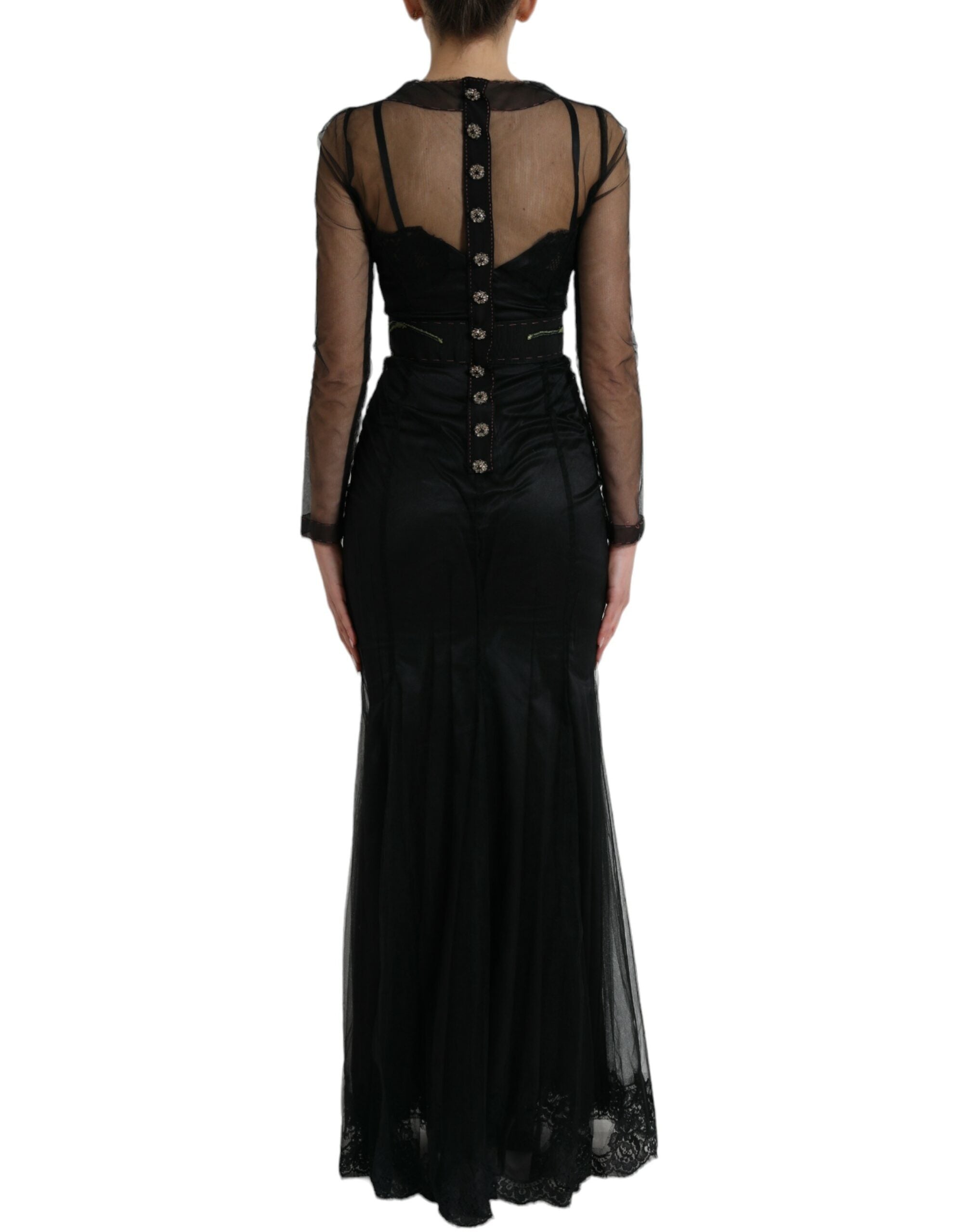 Black Floral Embroidery Mesh Tulle Gown Dress - ventzia