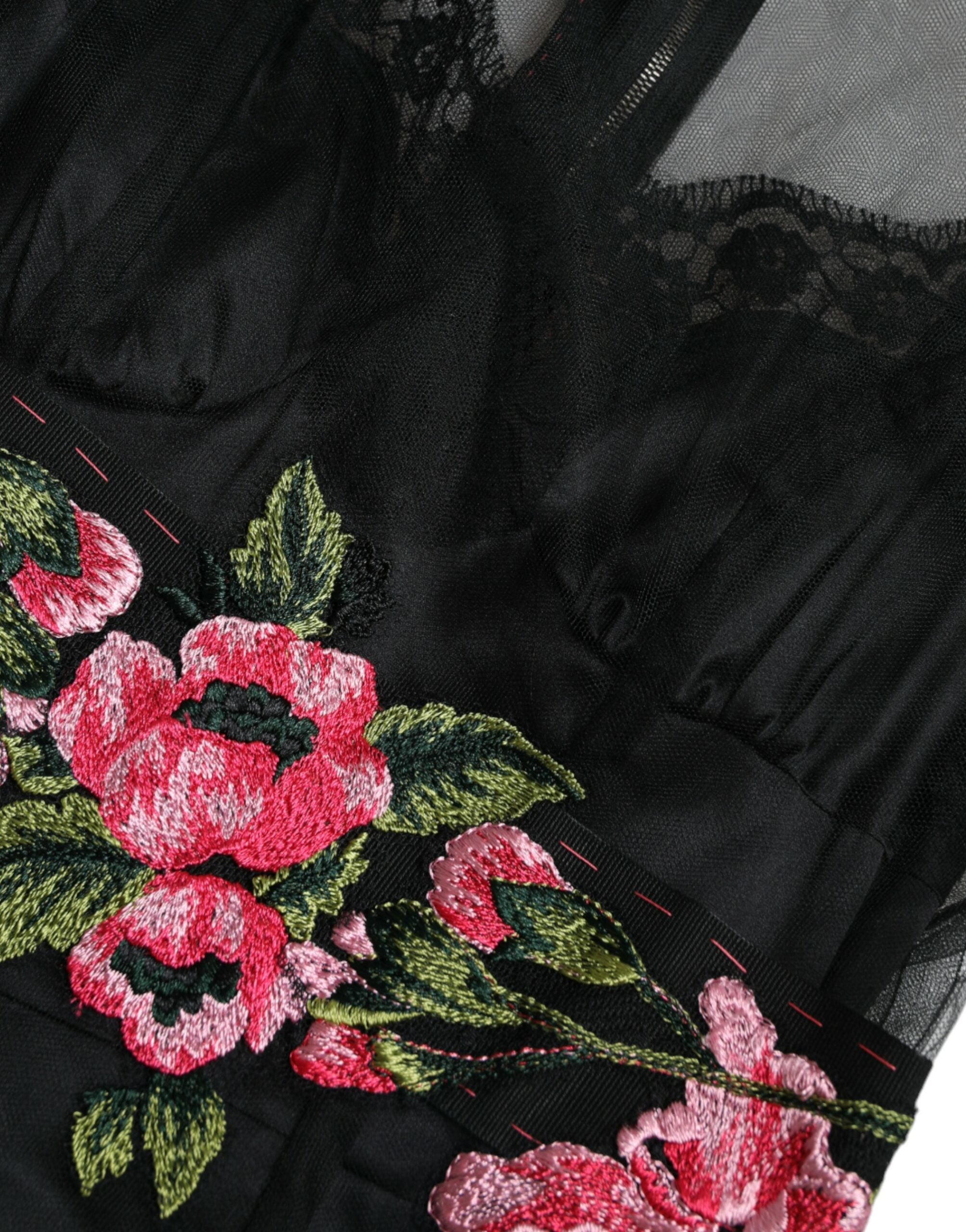 Black Floral Embroidery Mesh Tulle Gown Dress - ventzia
