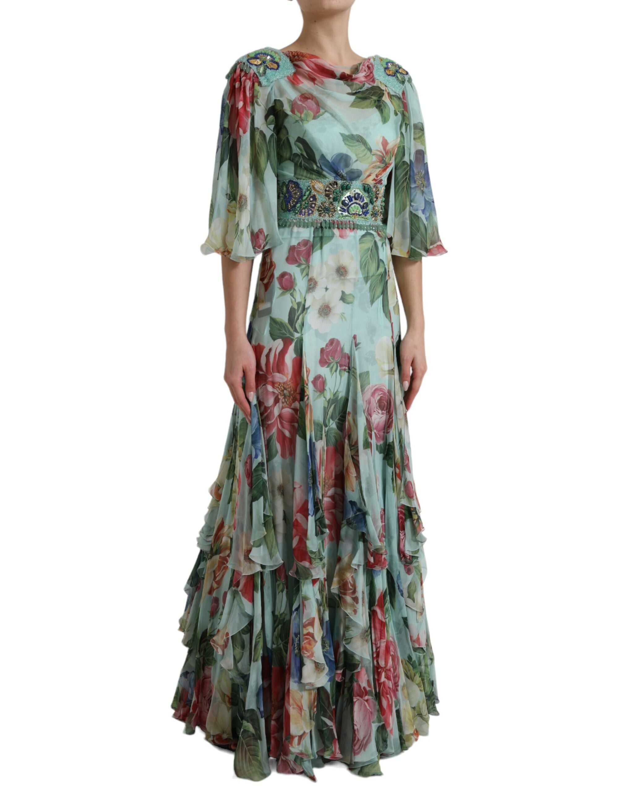Blue Floral Print Tiered Long Maxi Dress - ventzia