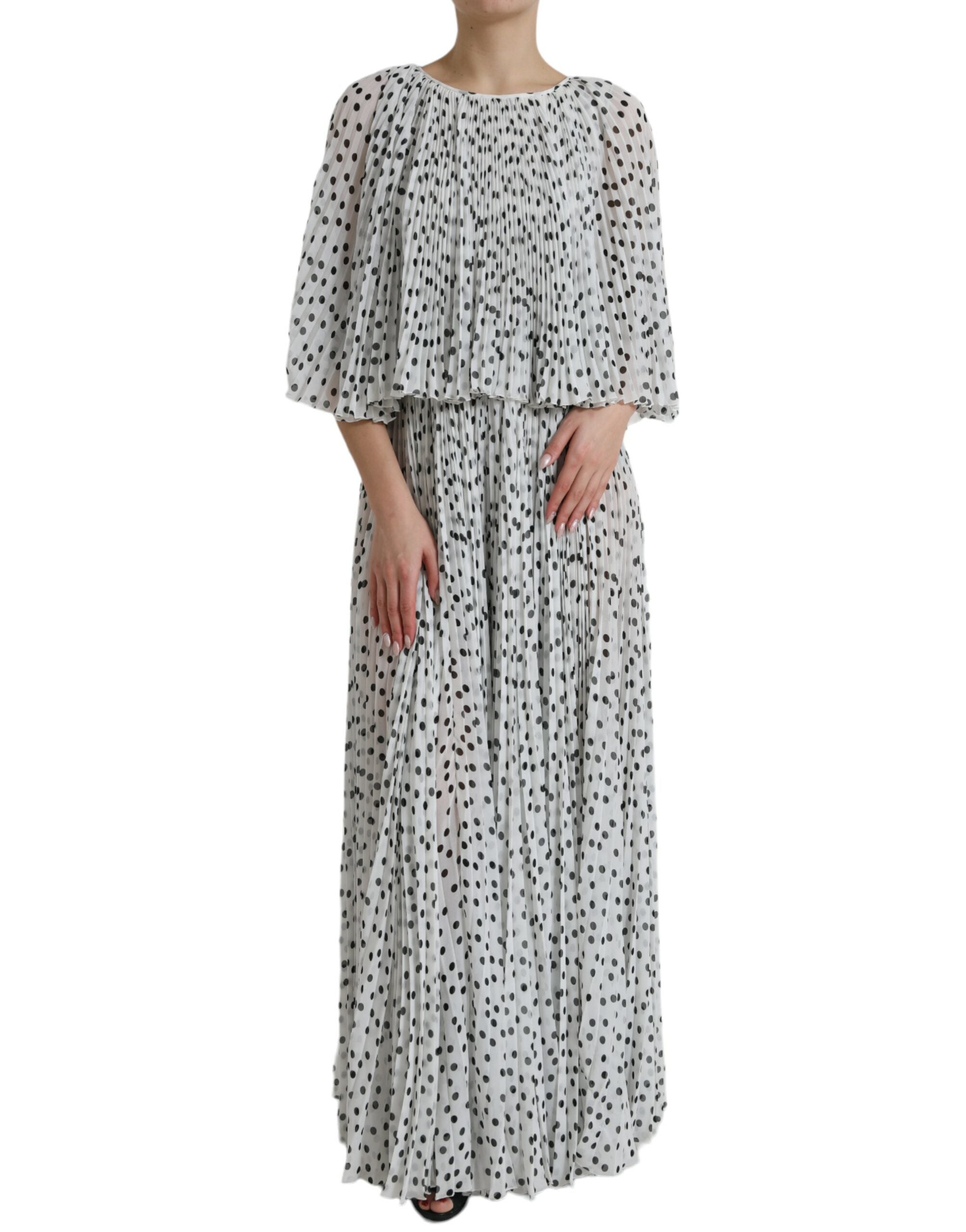 White Polka Dot A-line Pleated Maxi Dress - ventzia