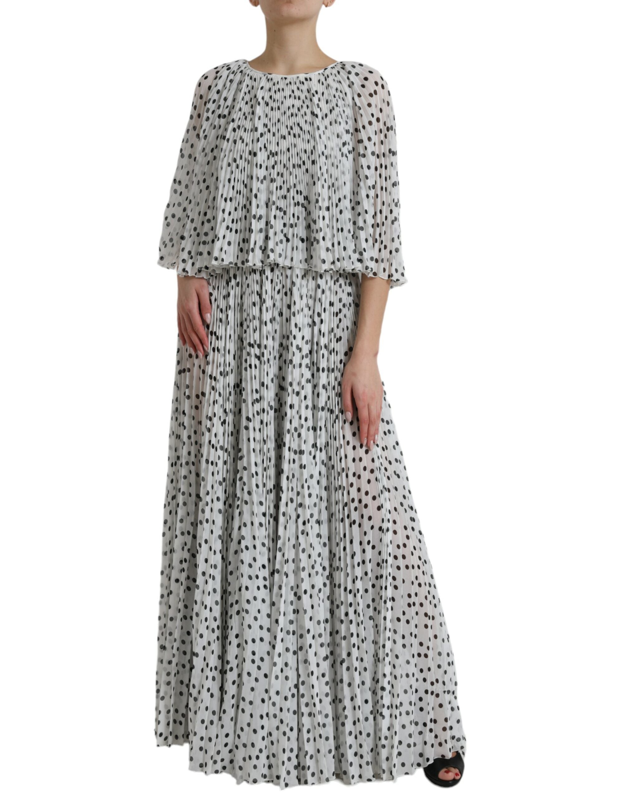 White Polka Dot A-line Pleated Maxi Dress - ventzia