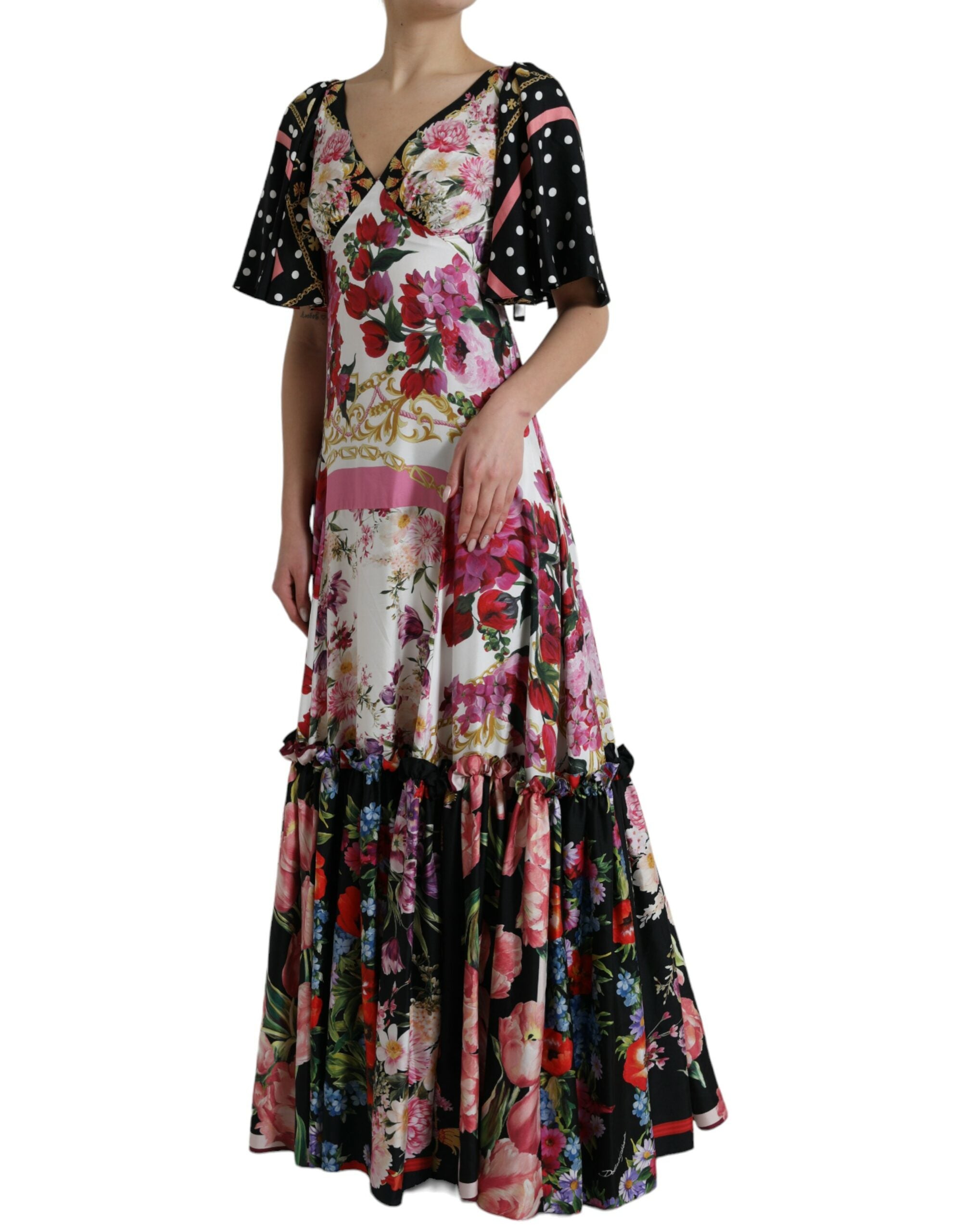 Multicolor Floral Print Silk Twill Gown Dress - ventzia