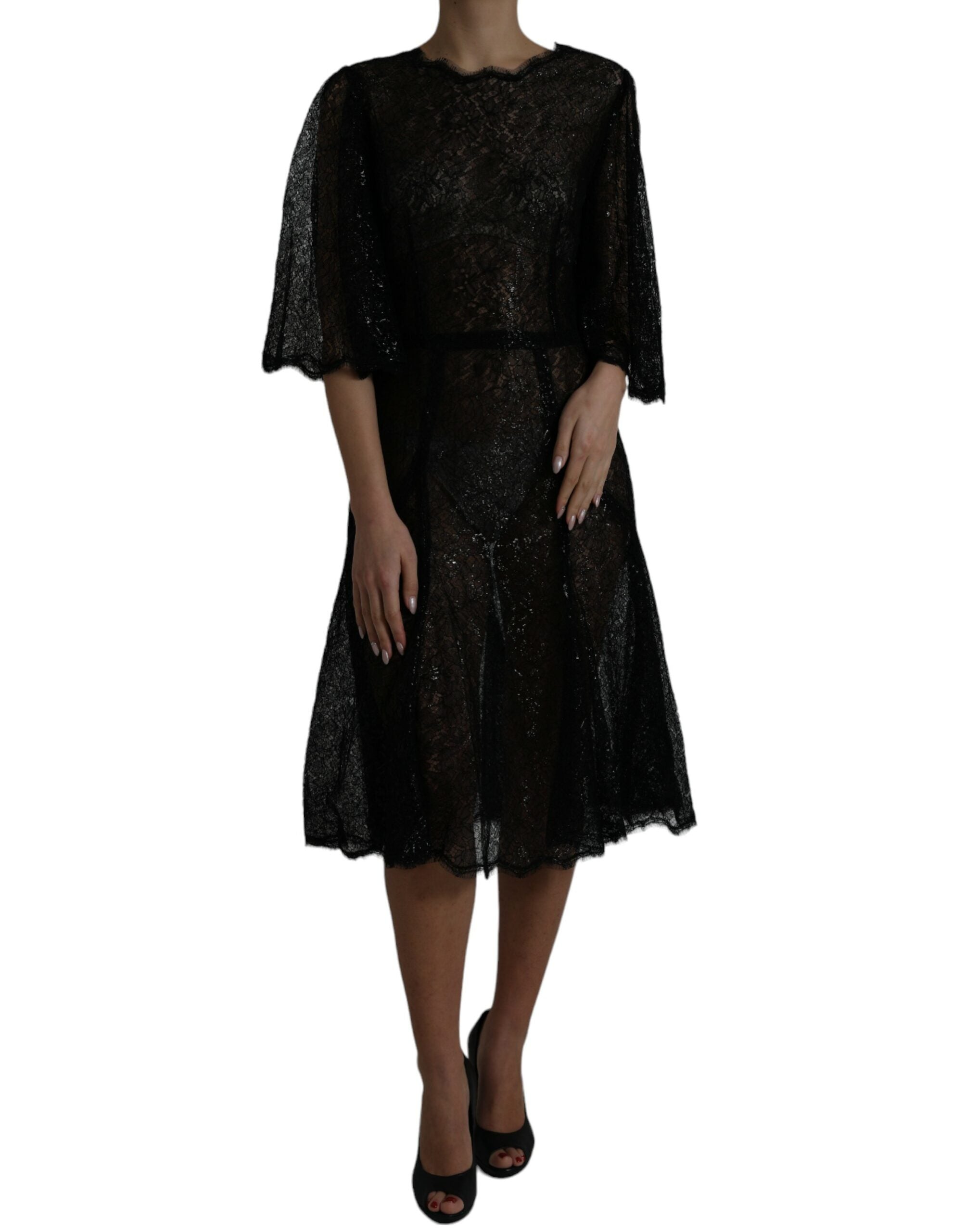 Black Floral Lace Sheer A-line Midi Dress - ventzia