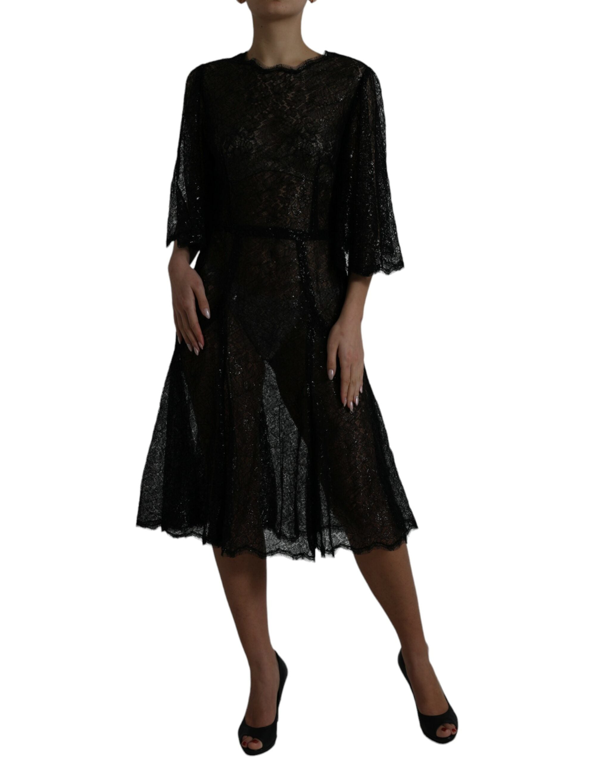Black Floral Lace Sheer A-line Midi Dress - ventzia