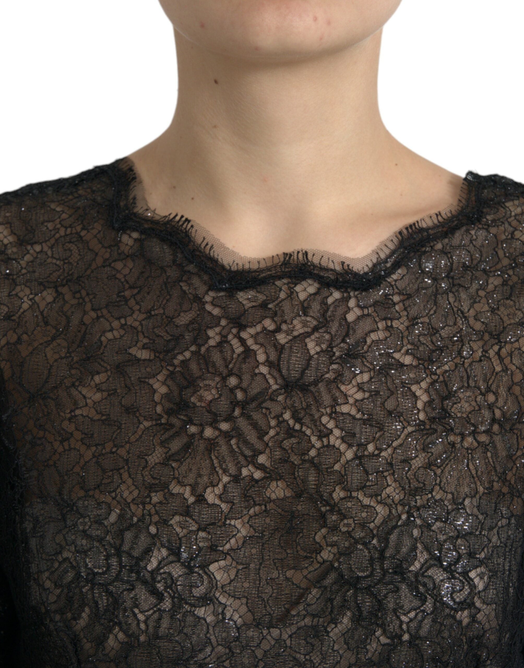 Black Floral Lace Sheer A-line Midi Dress - ventzia