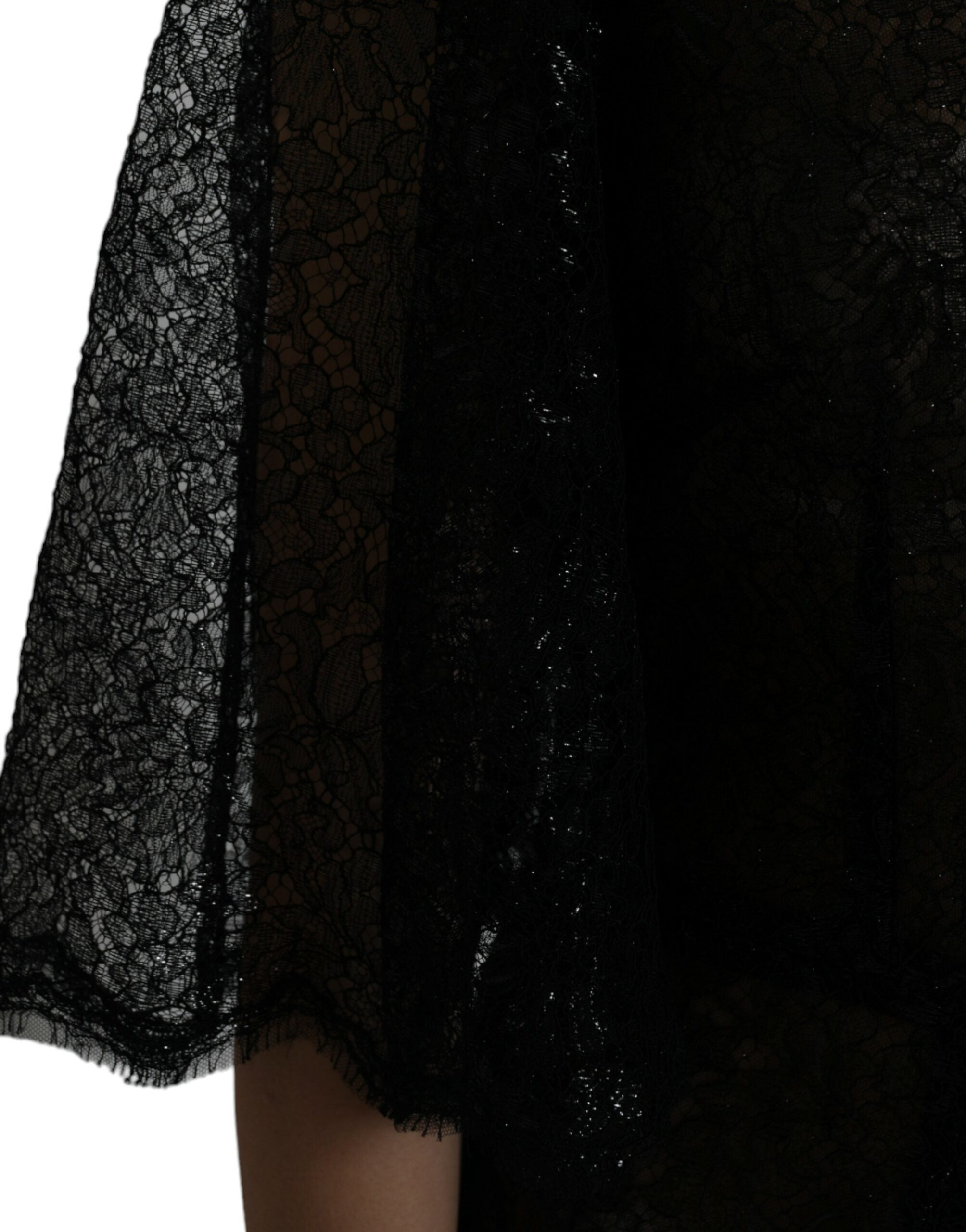 Black Floral Lace Sheer A-line Midi Dress - ventzia