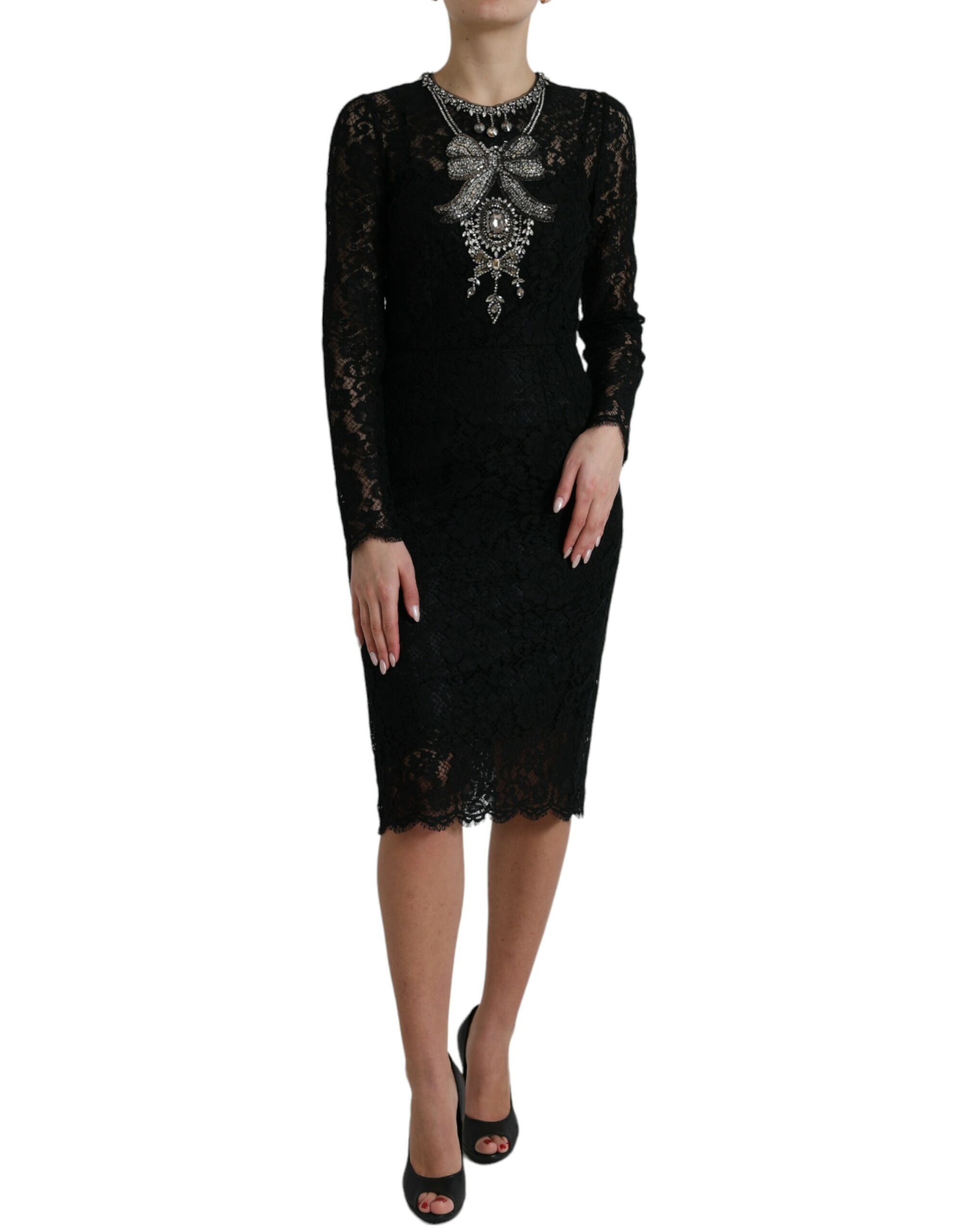 Black Lace Crystal Embellished Sheath Dress - ventzia