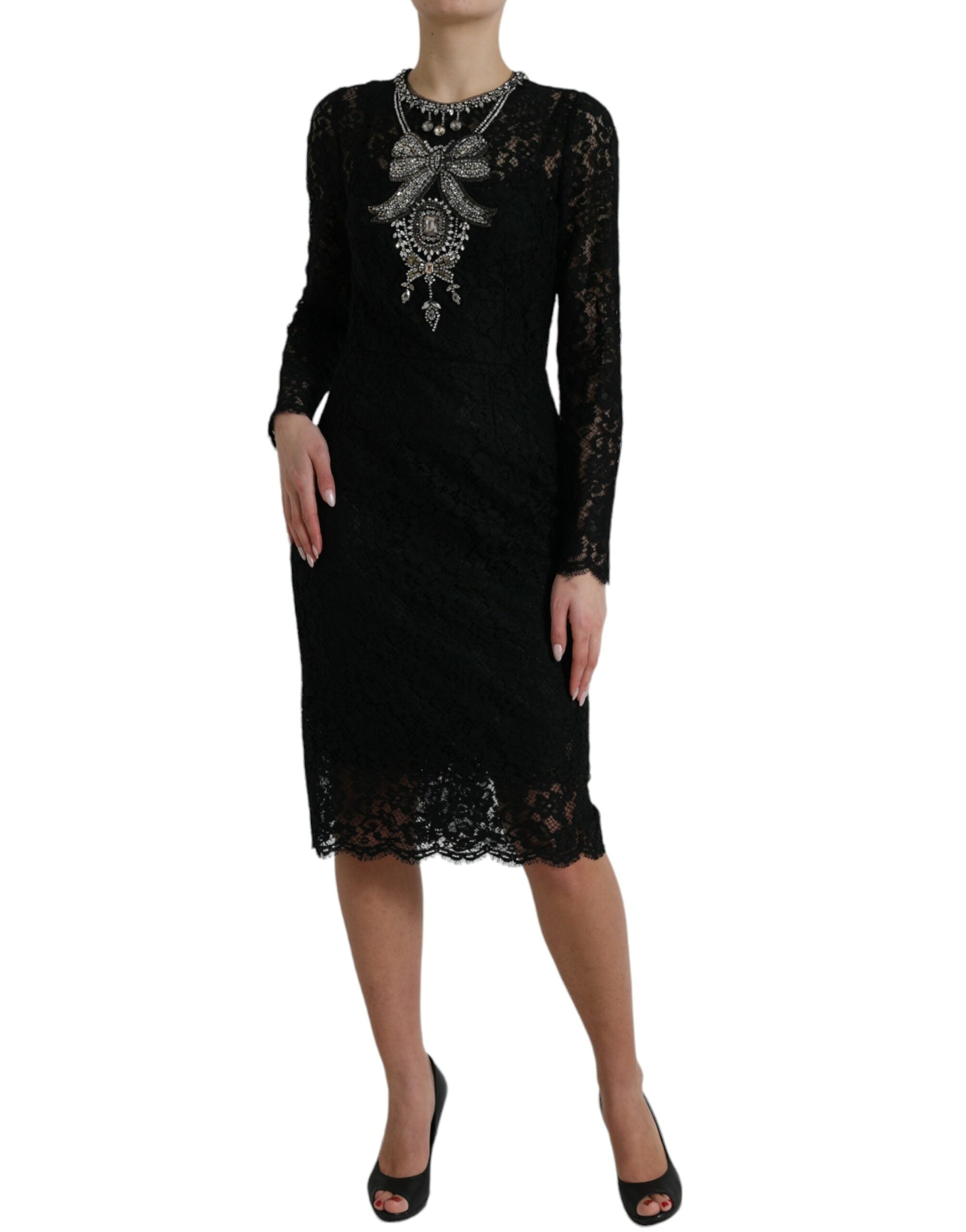 Black Lace Crystal Embellished Sheath Dress - ventzia