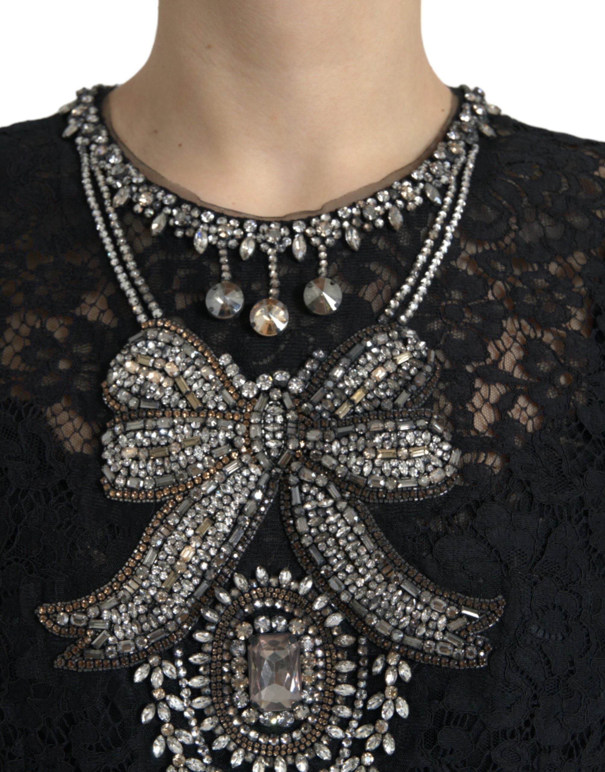 Black Lace Crystal Embellished Sheath Dress - ventzia