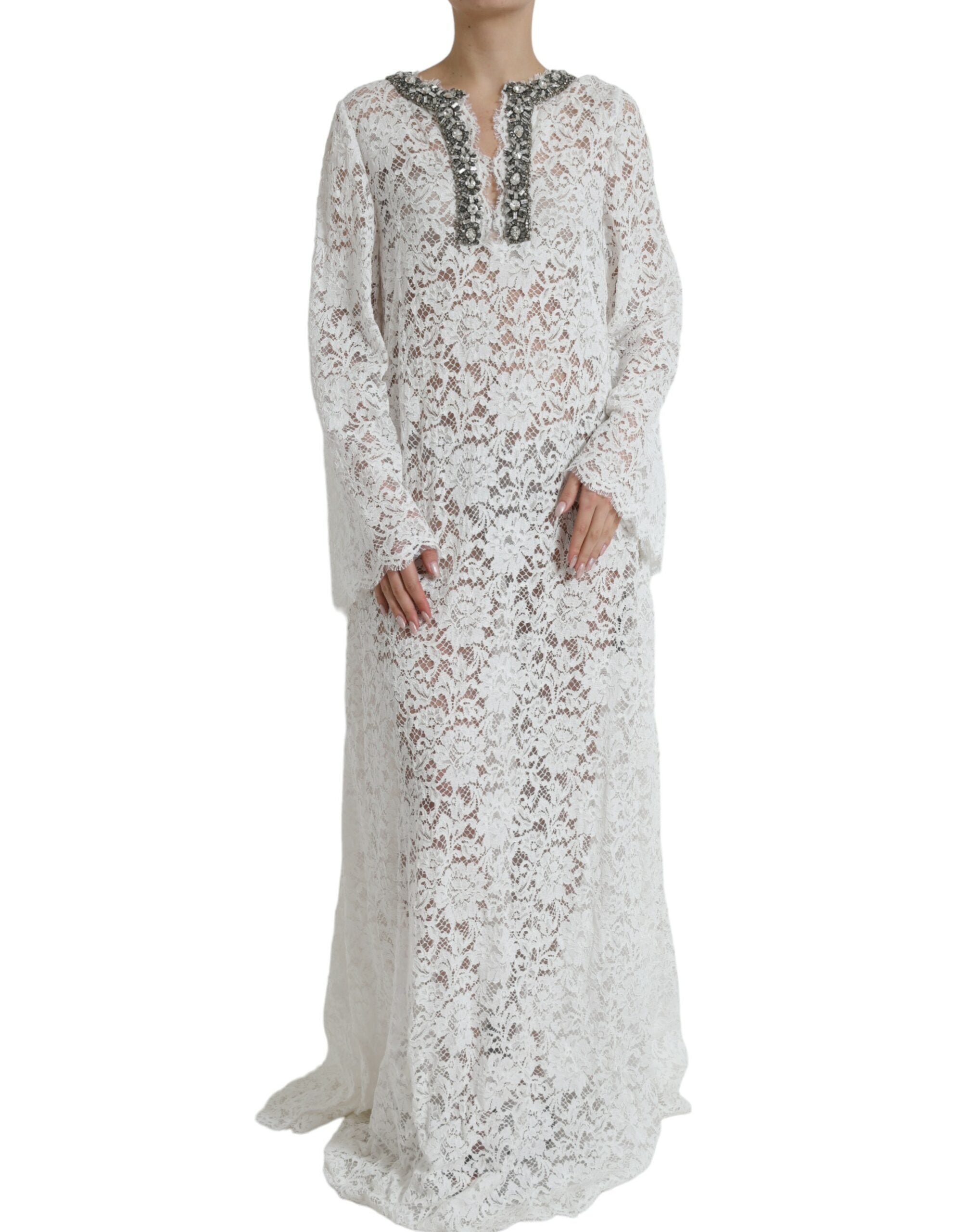 White Lace Crystal Embellished Shift Dress - ventzia