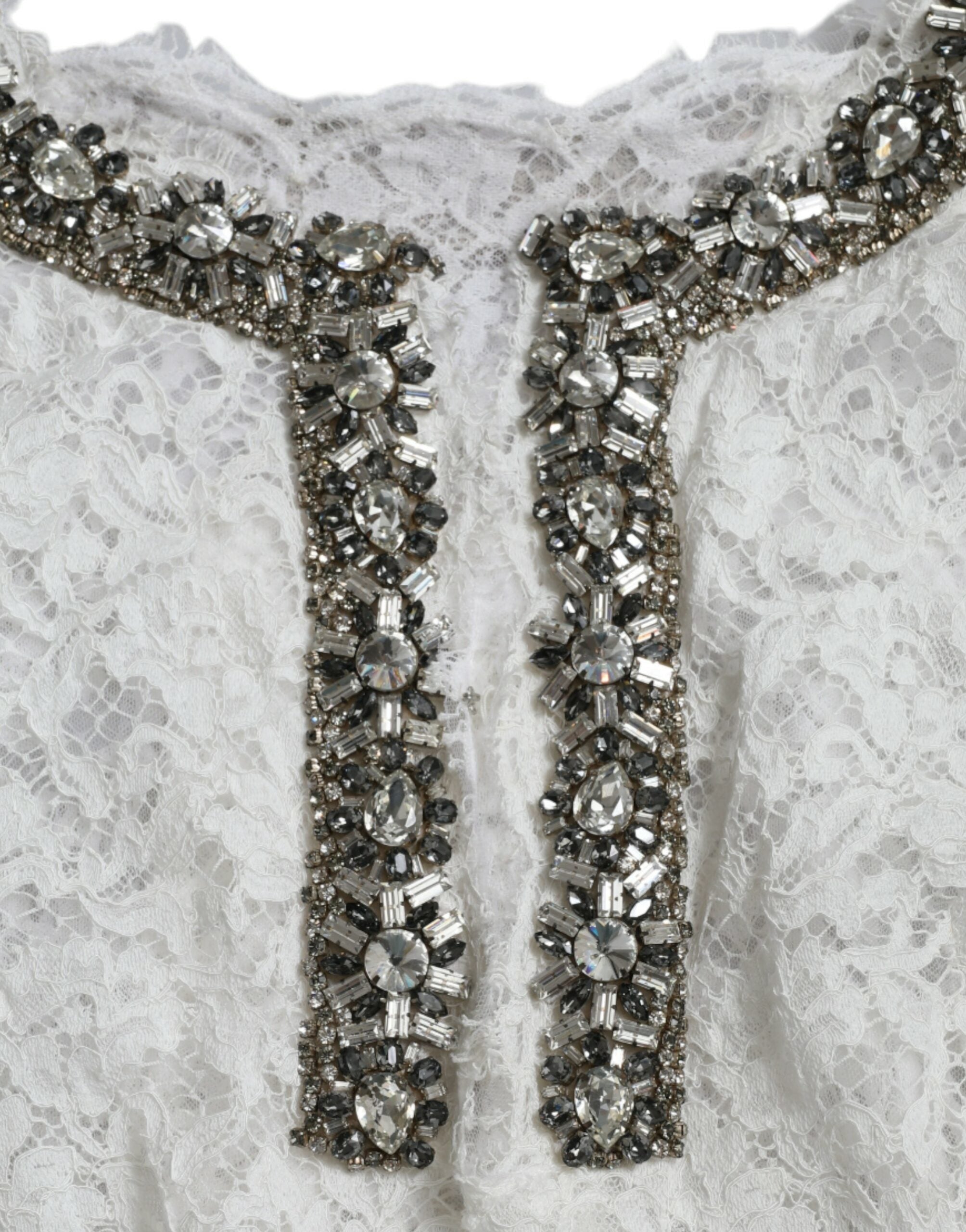 White Lace Crystal Embellished Shift Dress - ventzia