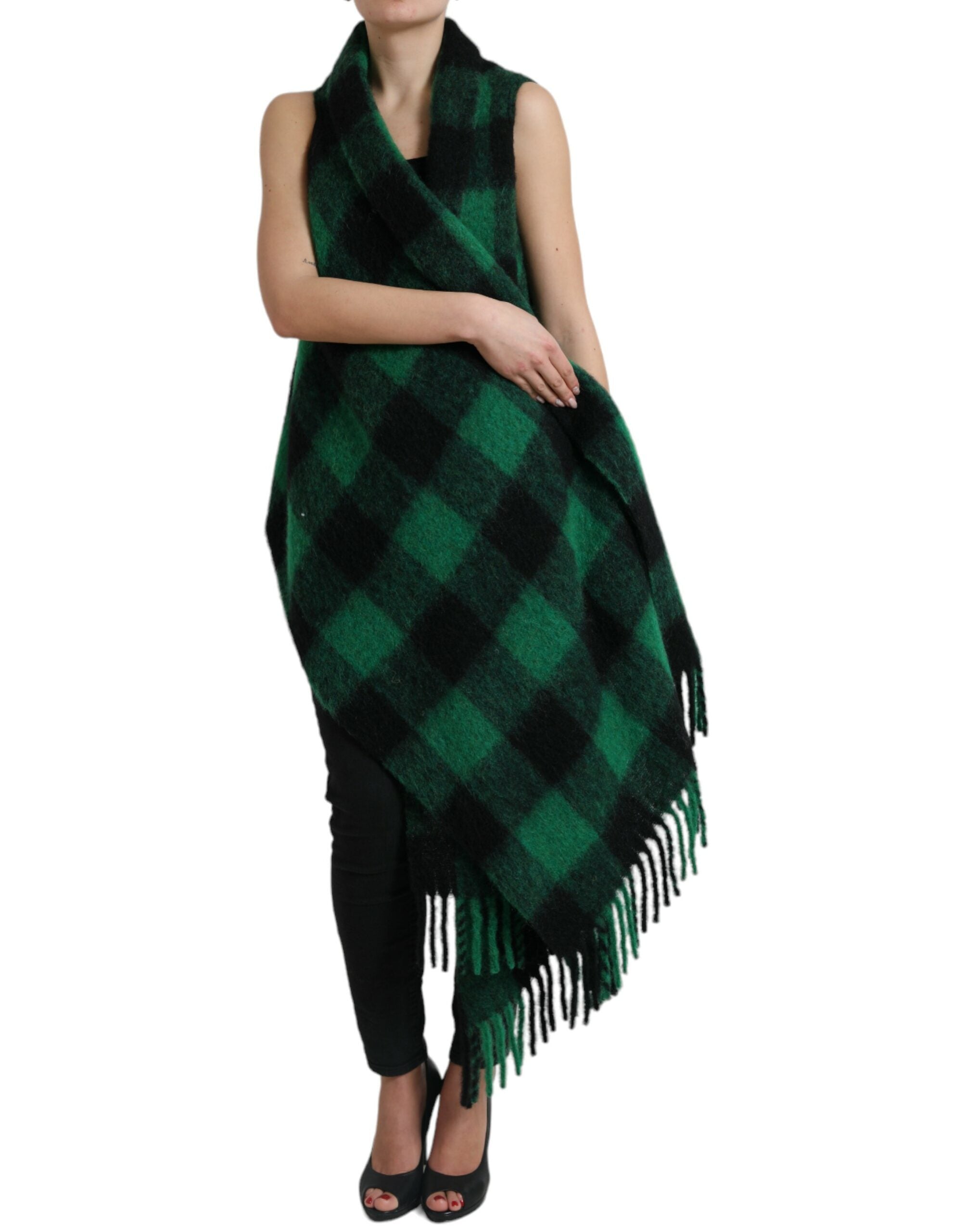 Black Green Buffalo Check Poncho Coat Jacket - ventzia