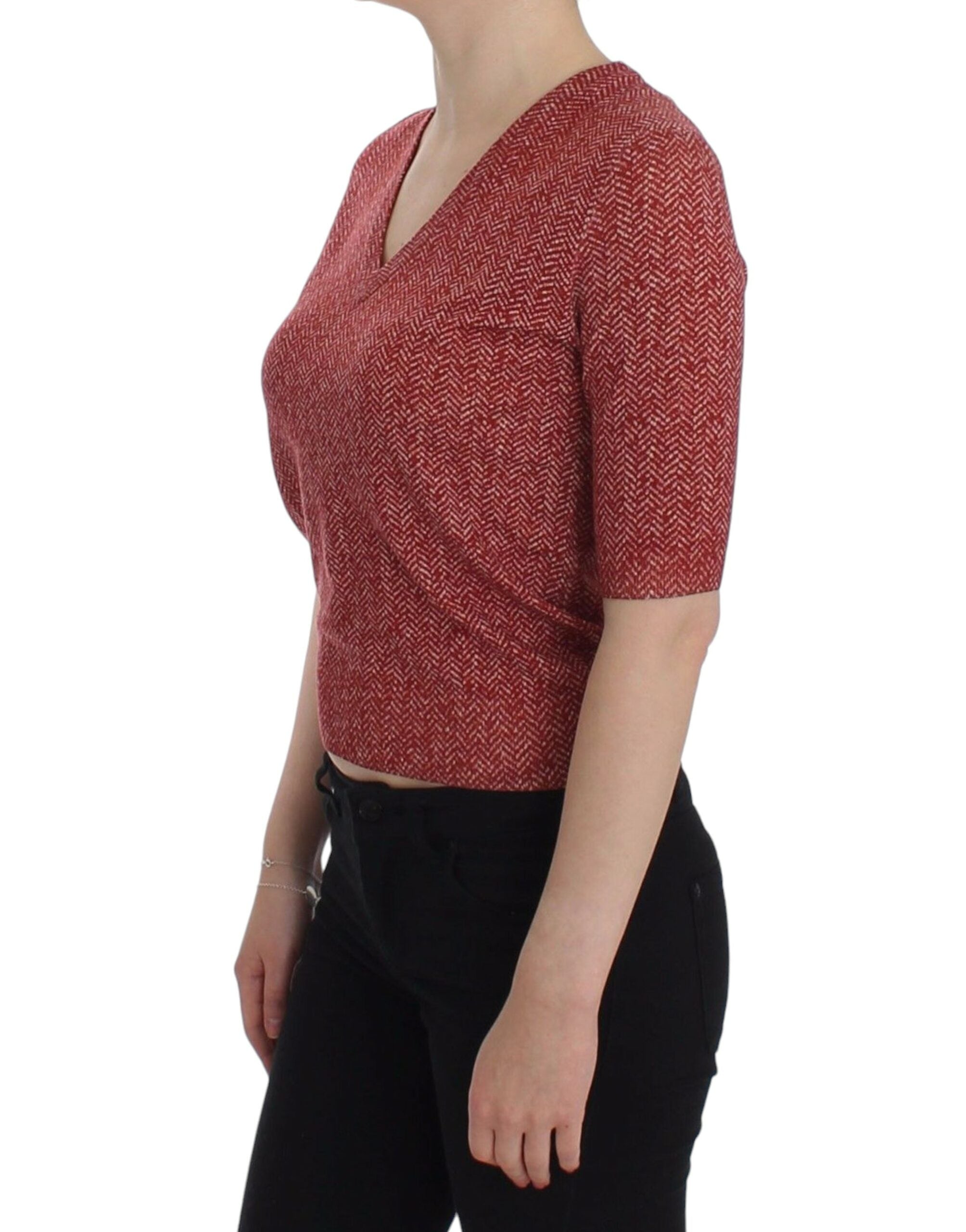 Enchanting Red Tweed V-Neck Sweater - ventzia