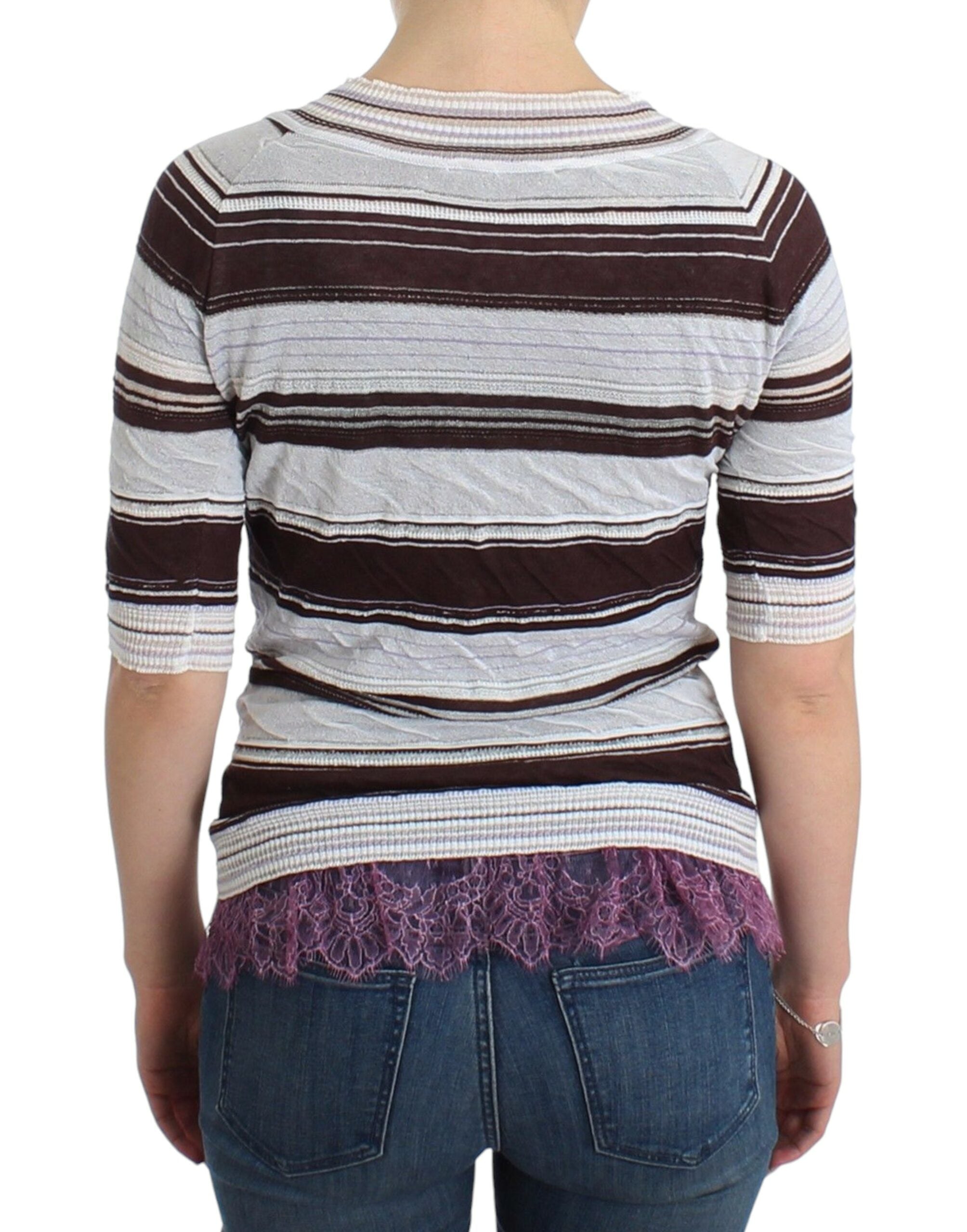 Striped V-Neck Knit Top with Lace Hem - ventzia
