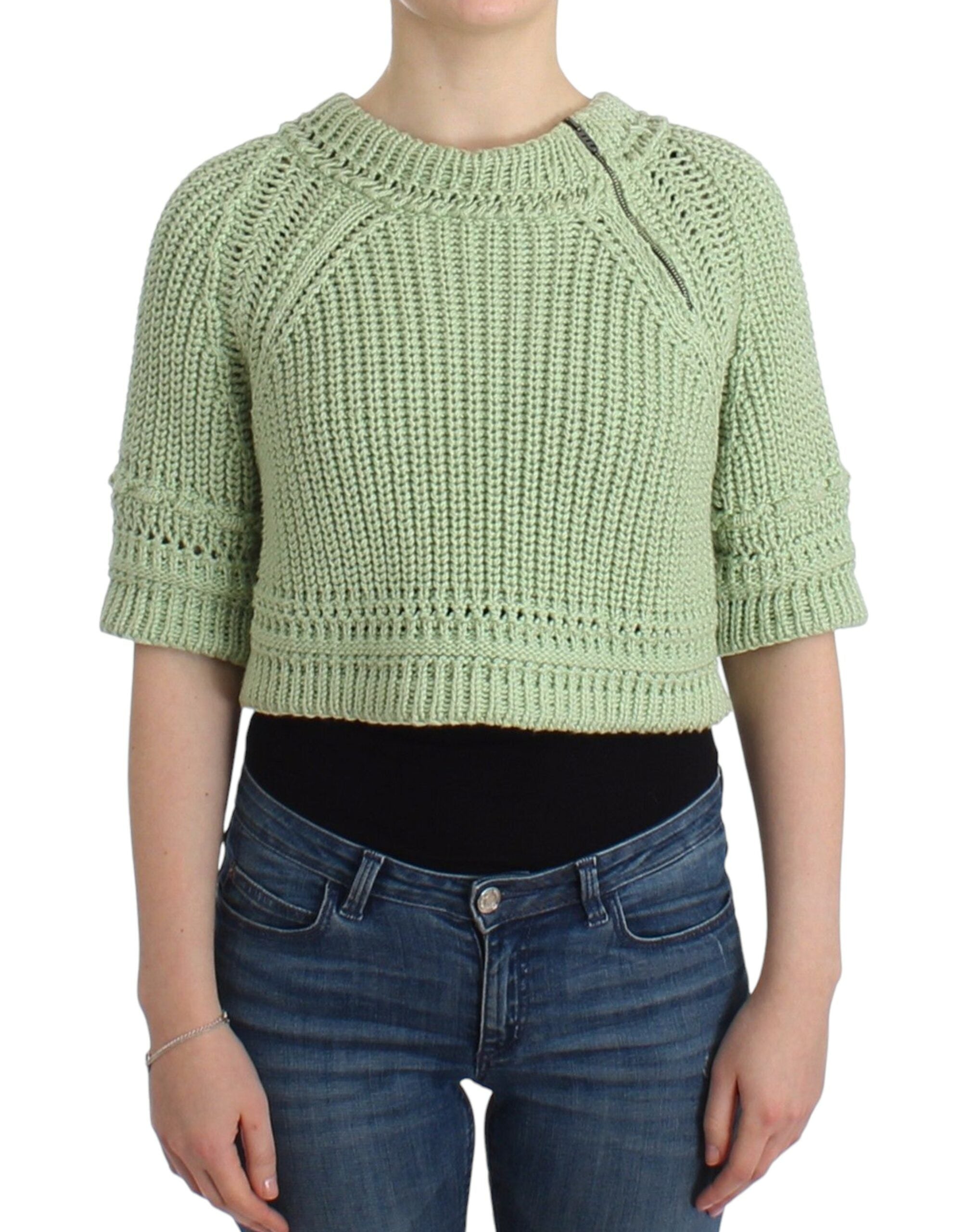 Chic Green Cropped Cotton Sweater - ventzia