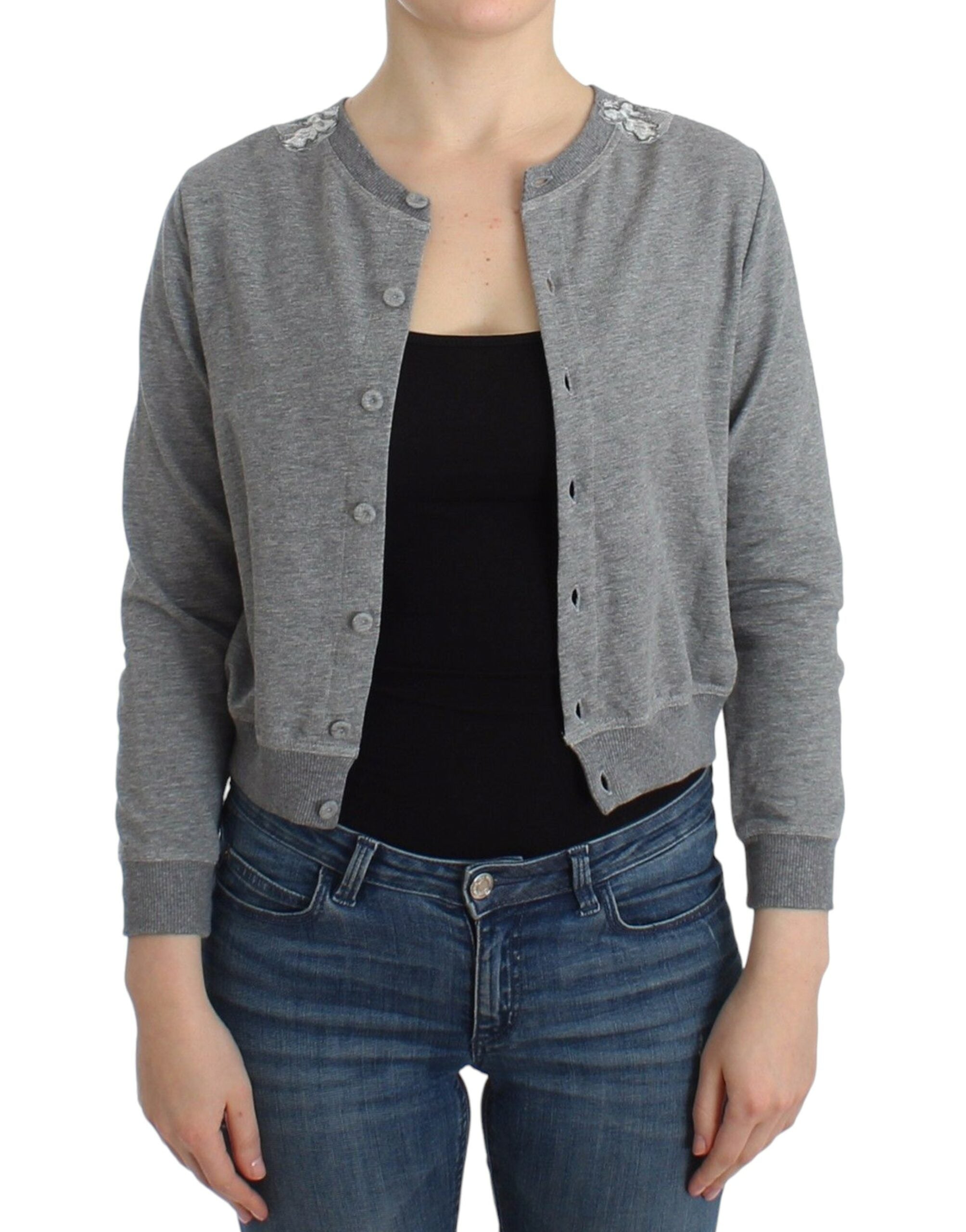 Chic Gray Cotton Blend Short Cardigan - ventzia
