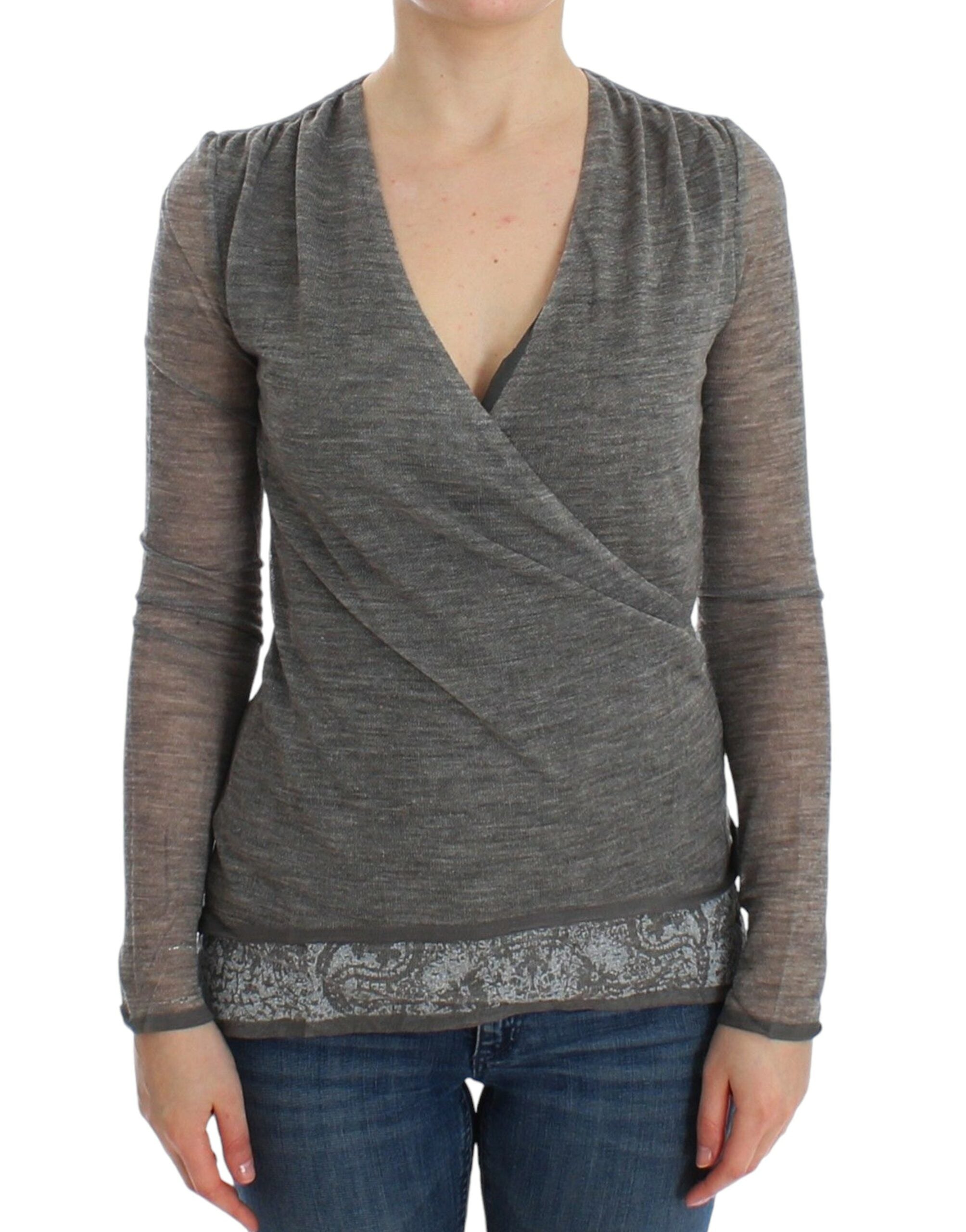 Elegant Gray Wool Blend Deep V-neck Sweater - ventzia