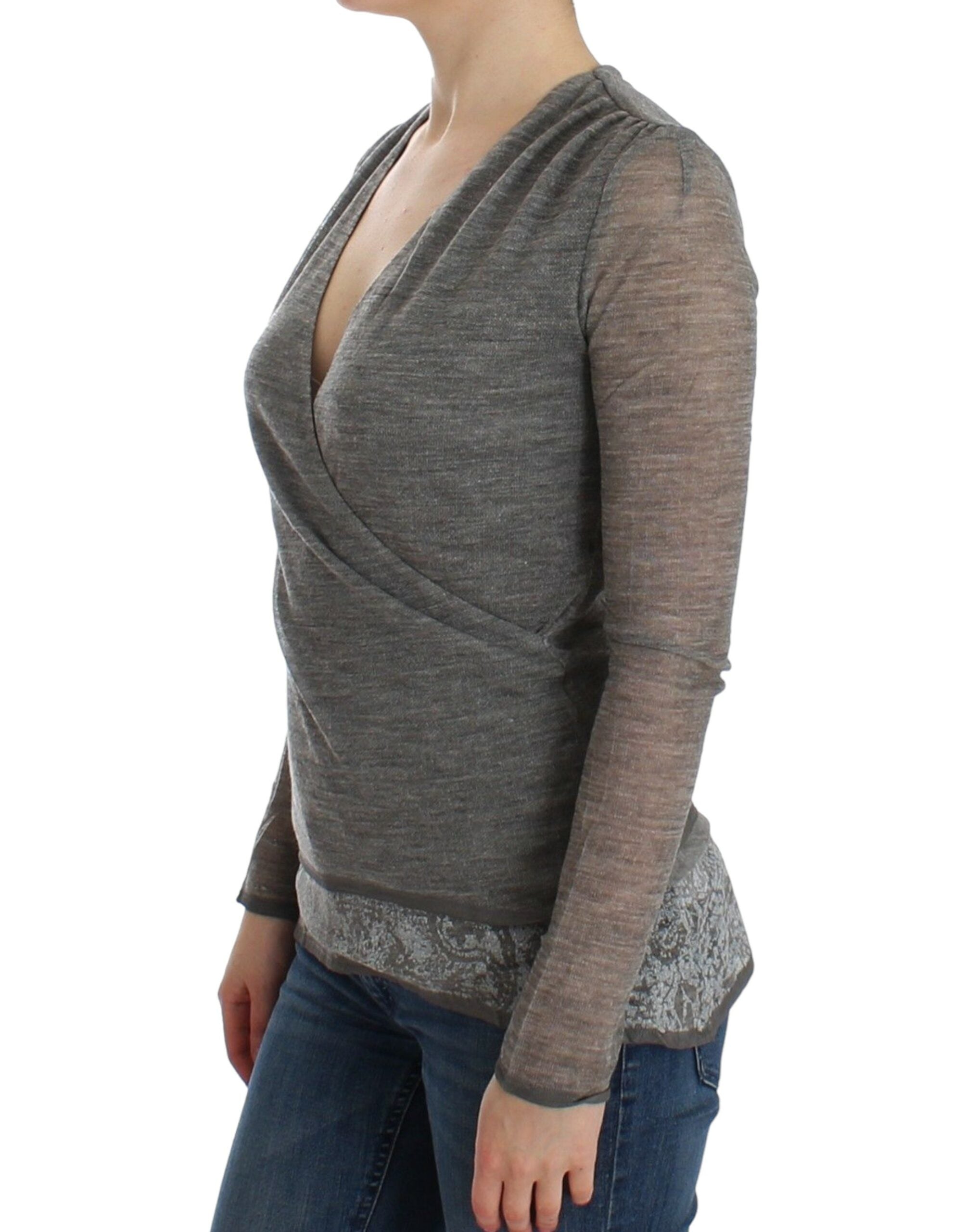 Elegant Gray Wool Blend Deep V-neck Sweater - ventzia