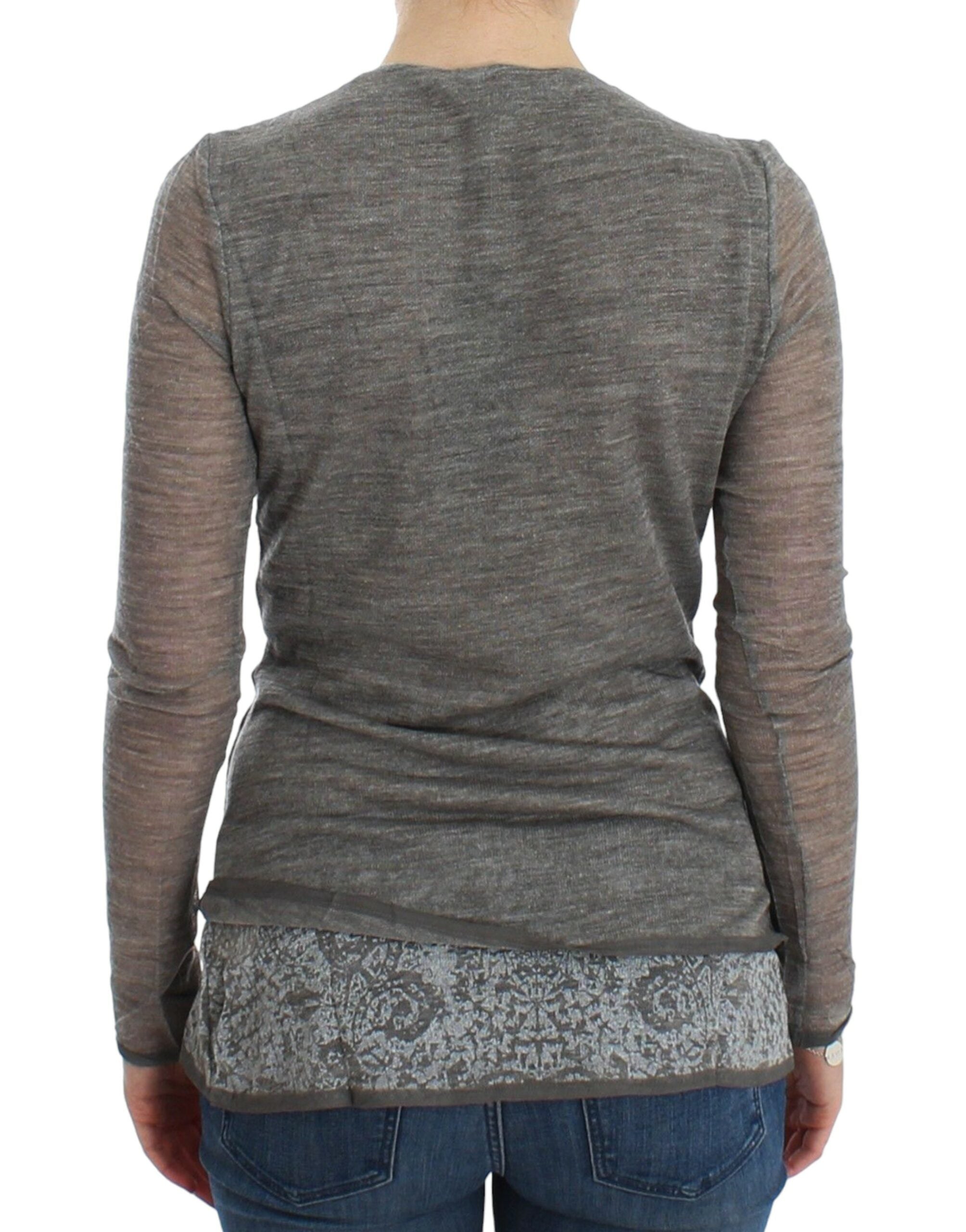 Elegant Gray Wool Blend Deep V-neck Sweater - ventzia