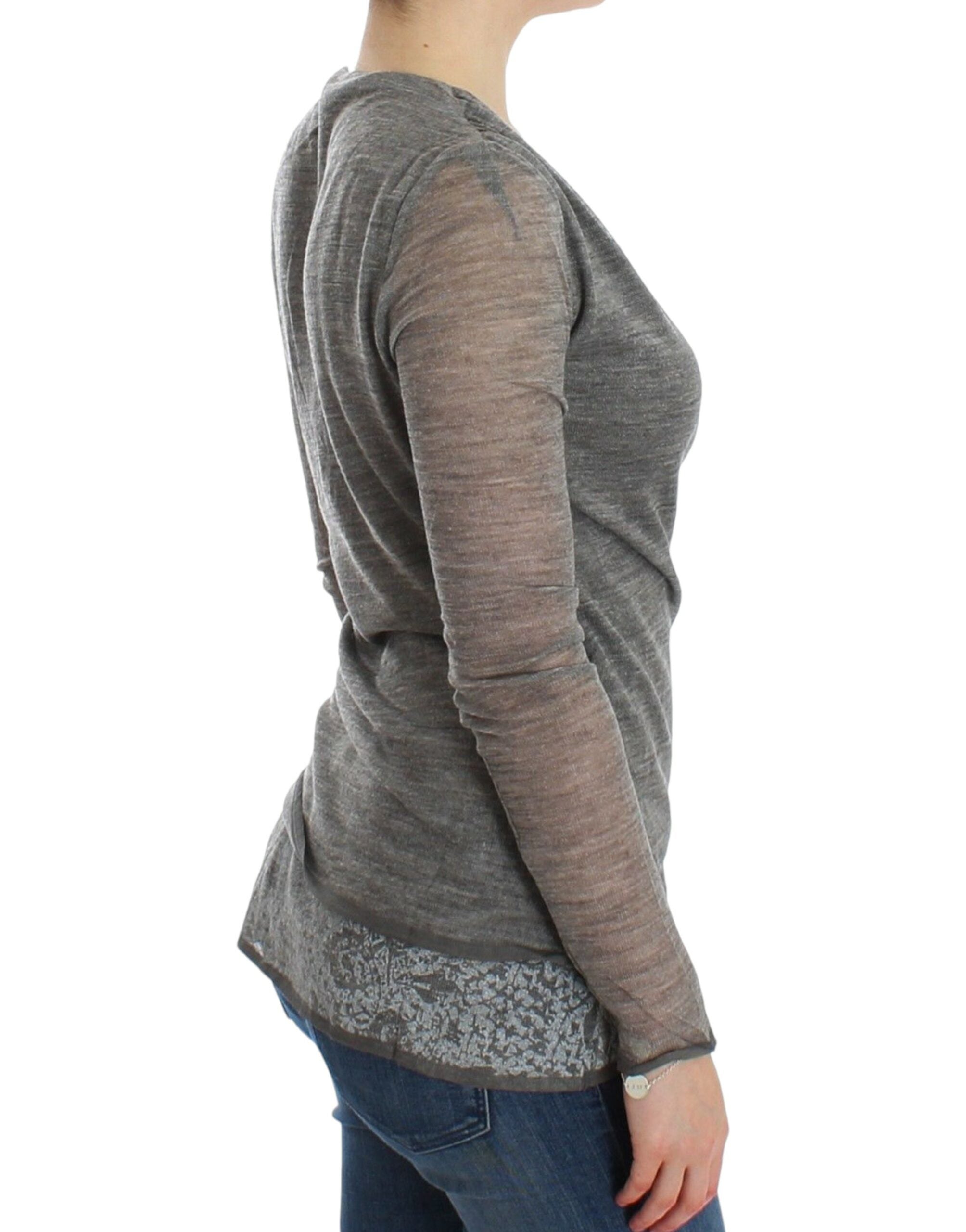 Elegant Gray Wool Blend Deep V-neck Sweater - ventzia