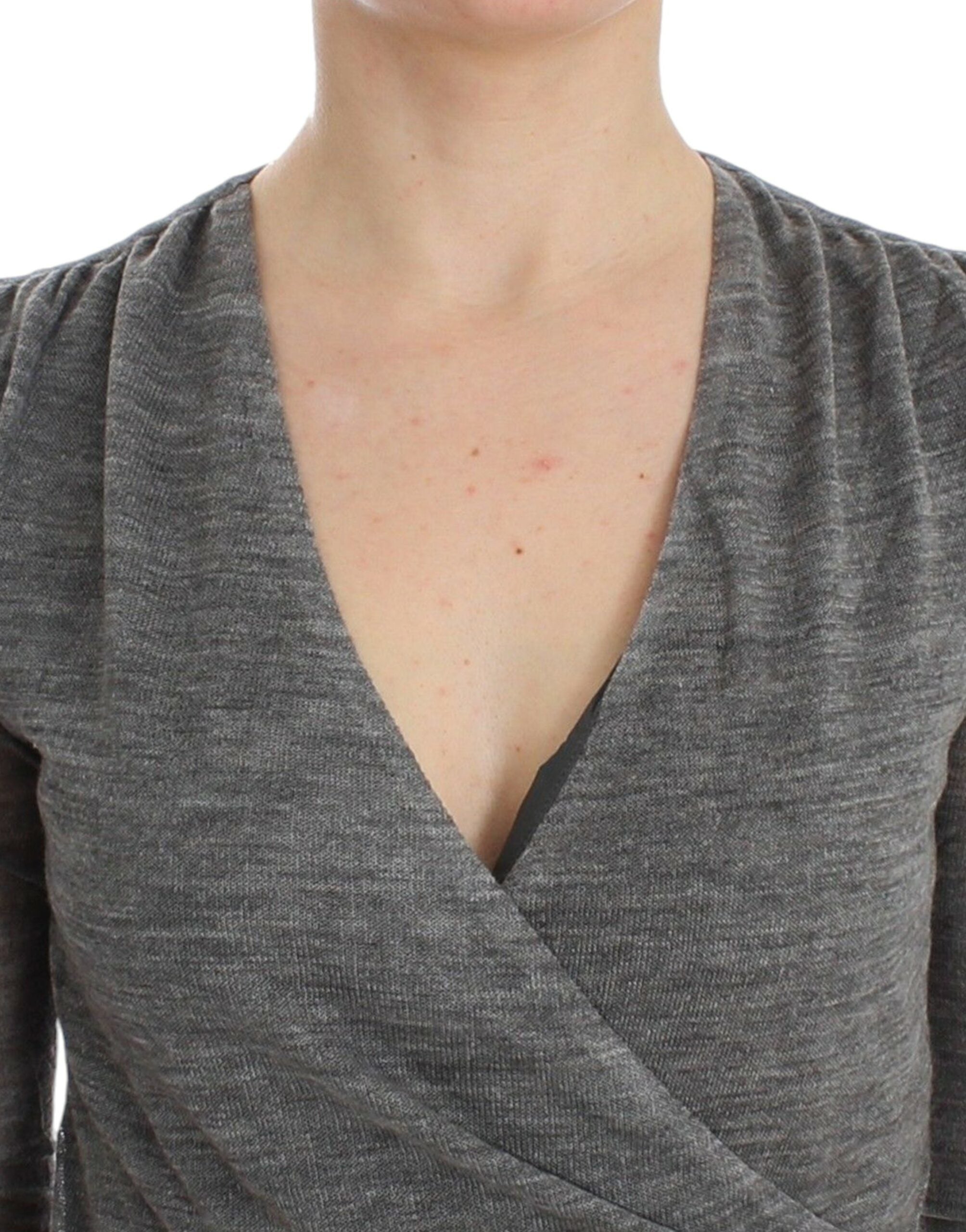 Elegant Gray Wool Blend Deep V-neck Sweater - ventzia