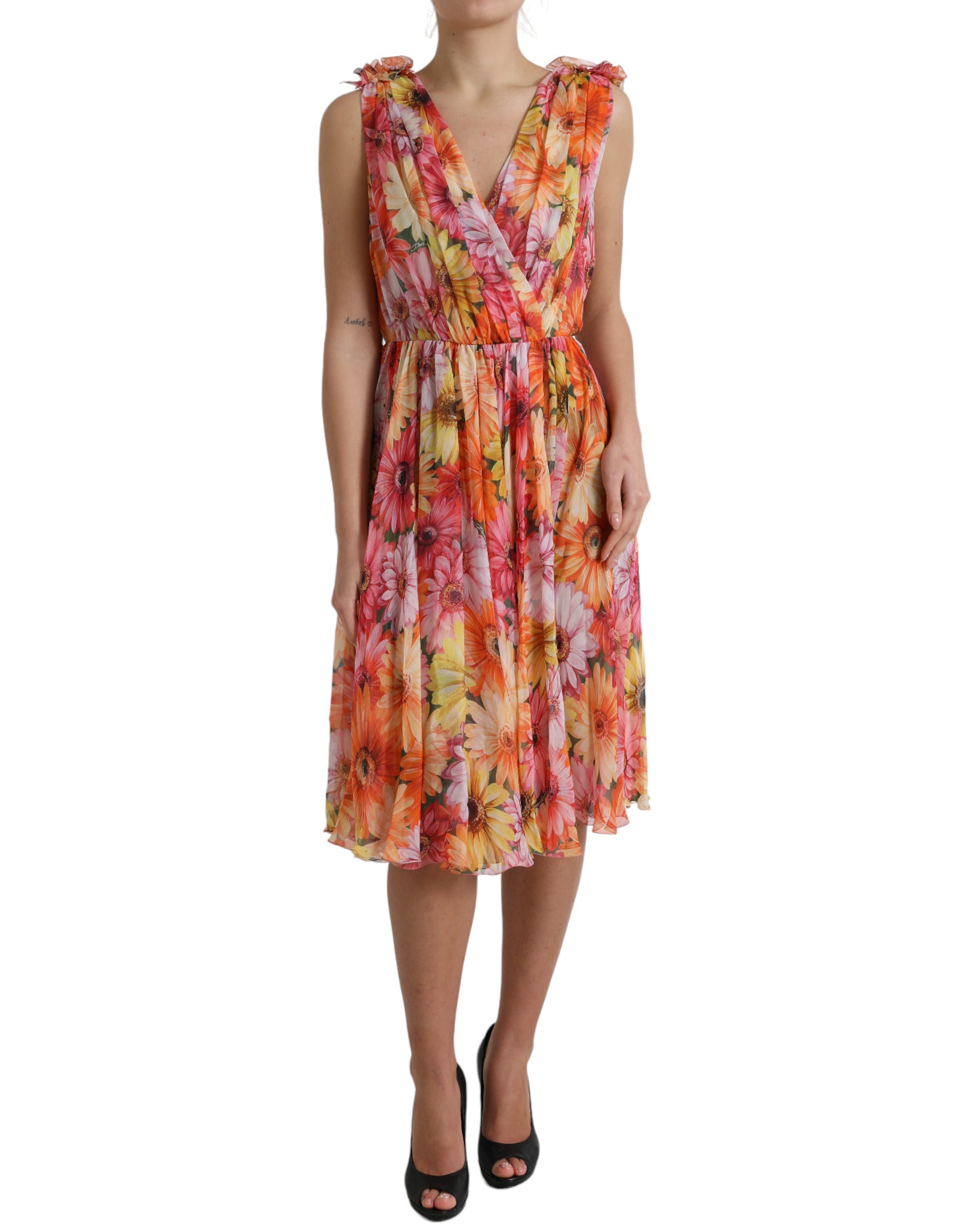 Multicolor Sunflower Print Silk Midi Dress - ventzia