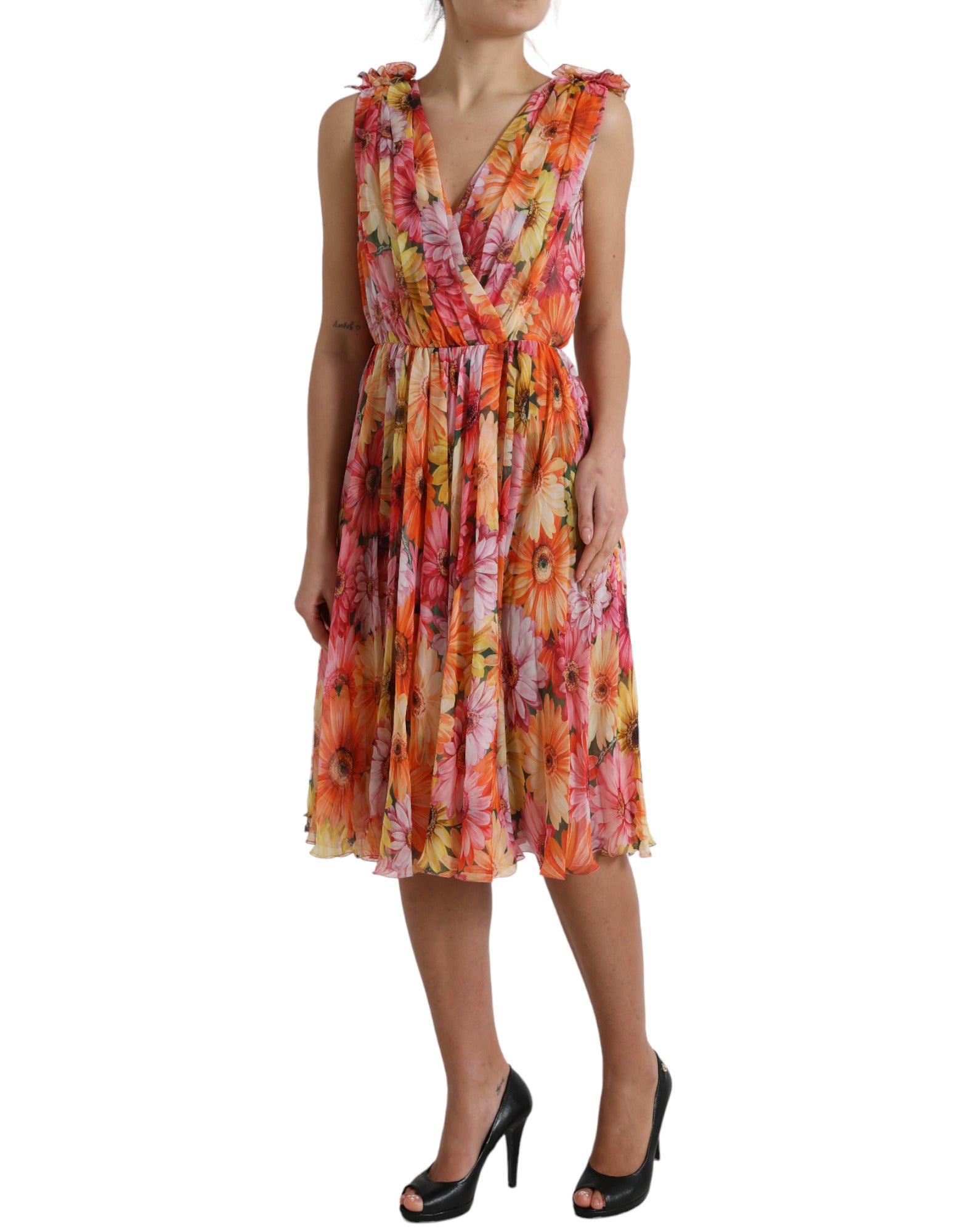 Multicolor Sunflower Print Silk Midi Dress - ventzia