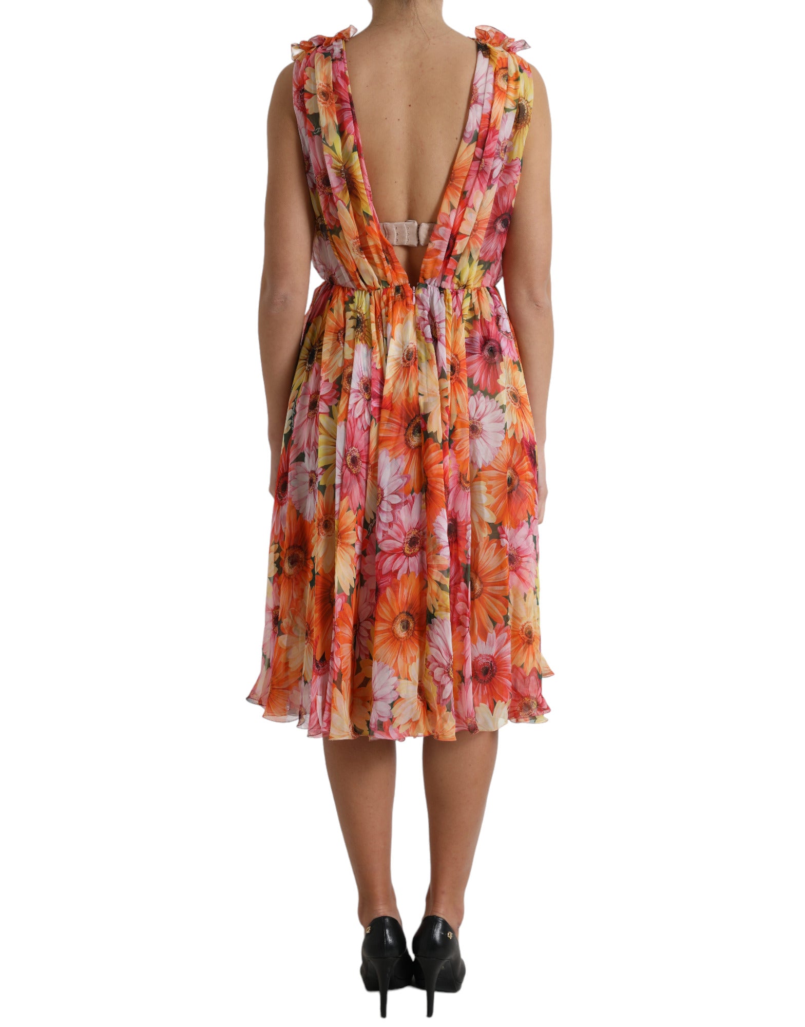 Multicolor Sunflower Print Silk Midi Dress - ventzia
