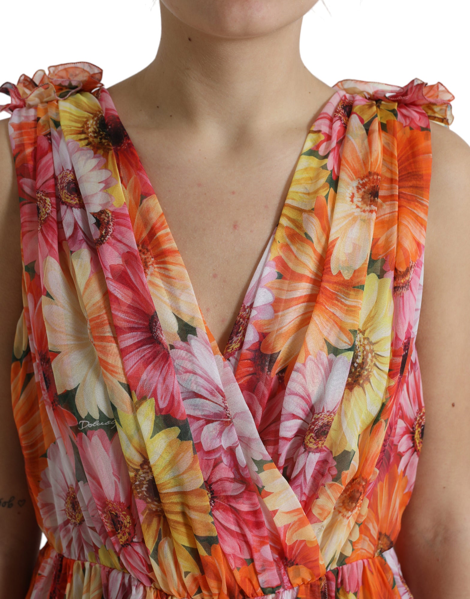 Multicolor Sunflower Print Silk Midi Dress - ventzia