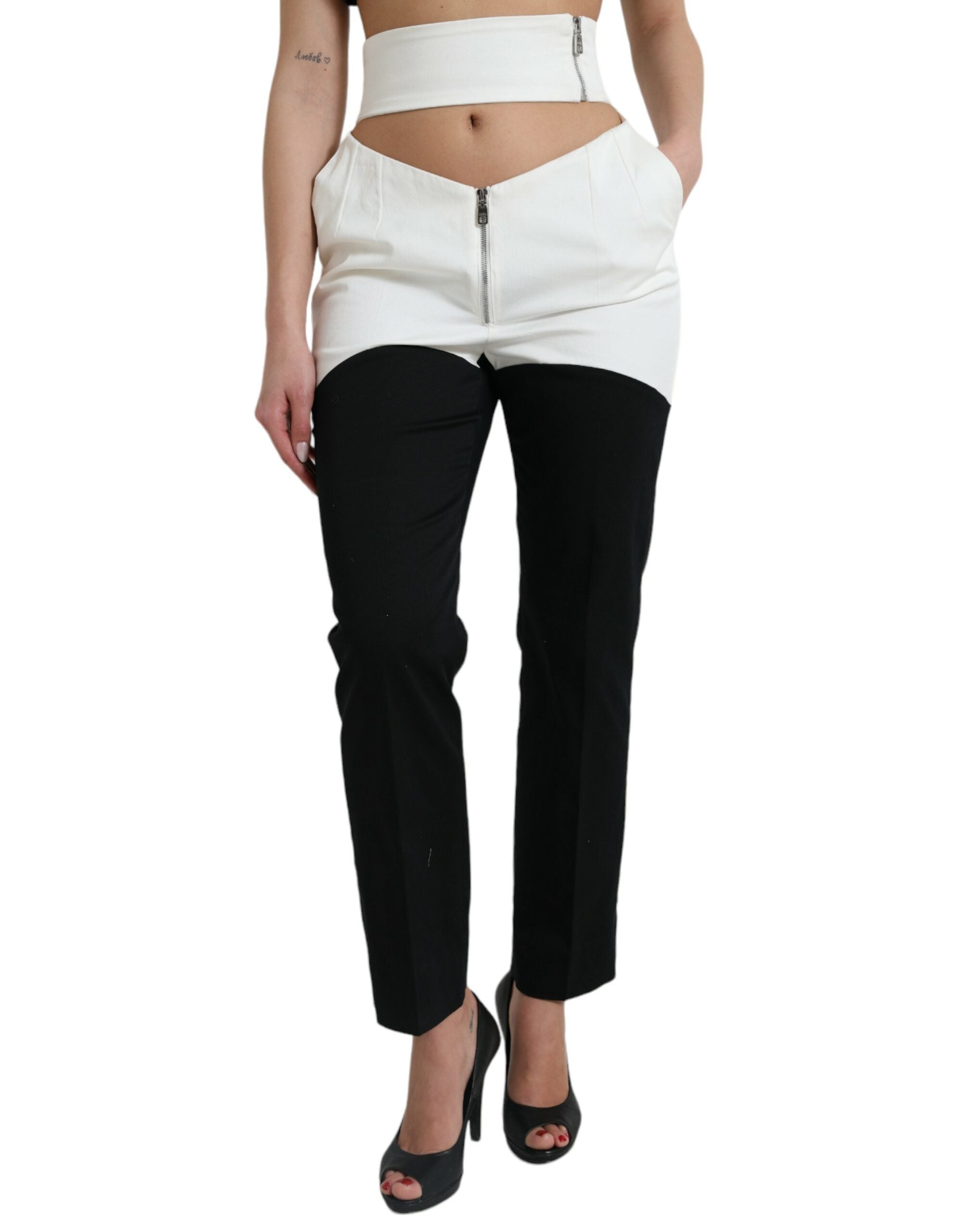 Black White Cotton Cut Out Waist Tapered Pants - ventzia