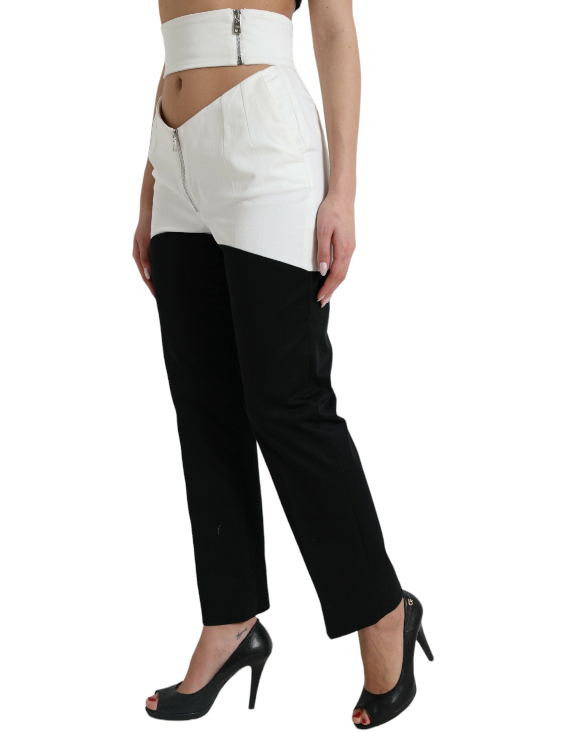 Black White Cotton Cut Out Waist Tapered Pants - ventzia