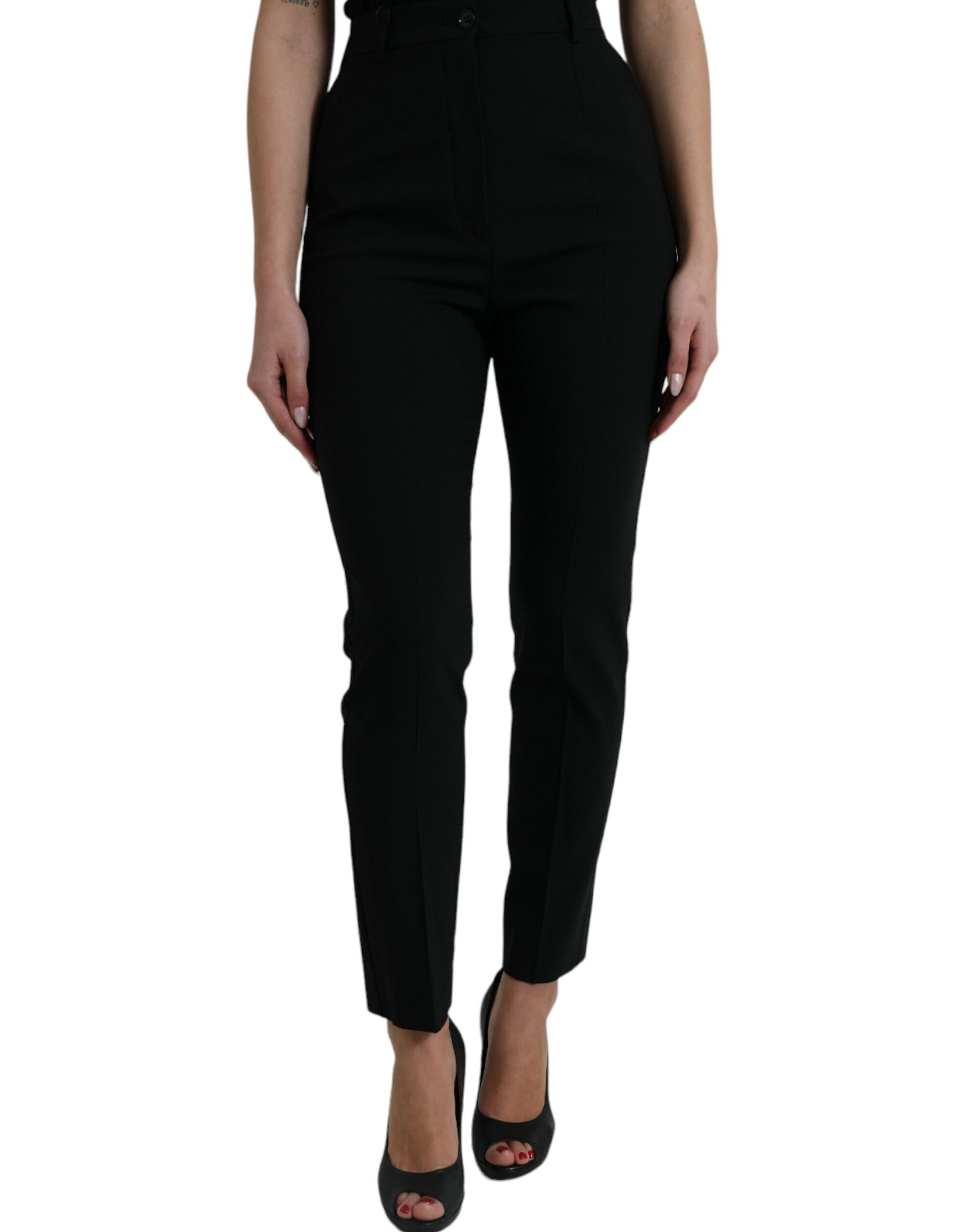 Black Wool High Waist Tapered Pants - ventzia