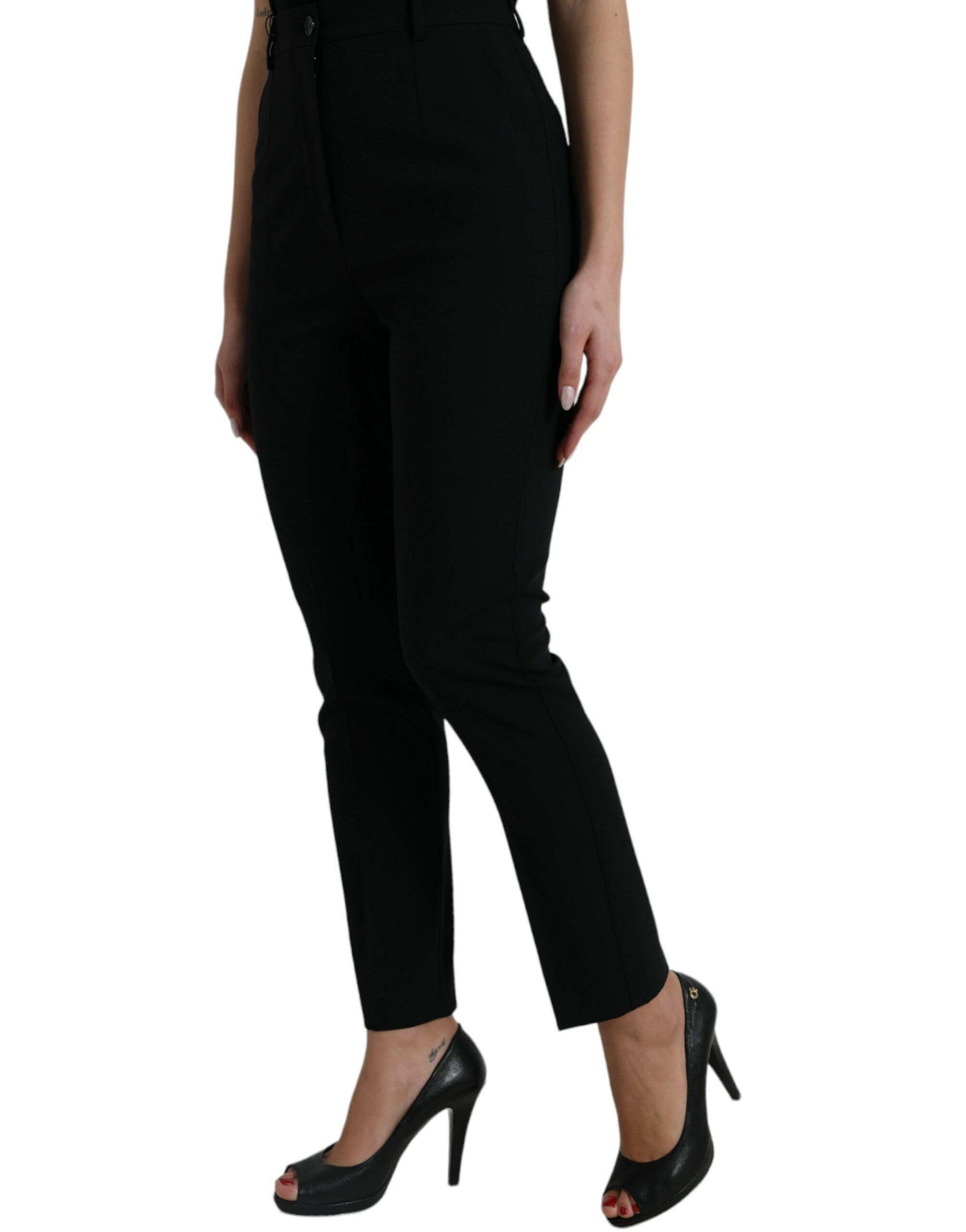 Black Wool High Waist Tapered Pants - ventzia