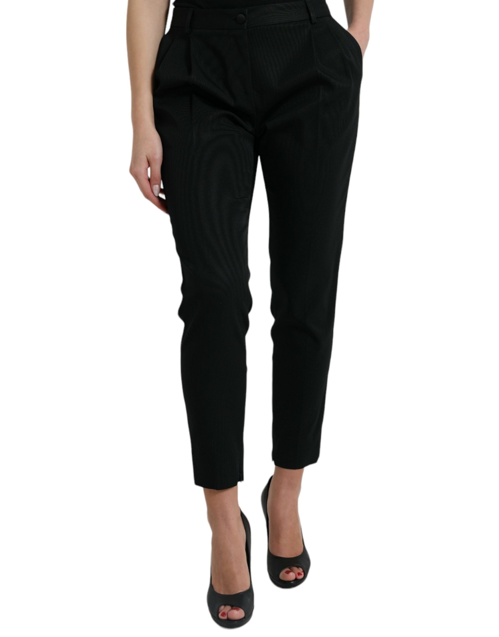 Black Wool High Waist Cropped Tapered Pants - ventzia