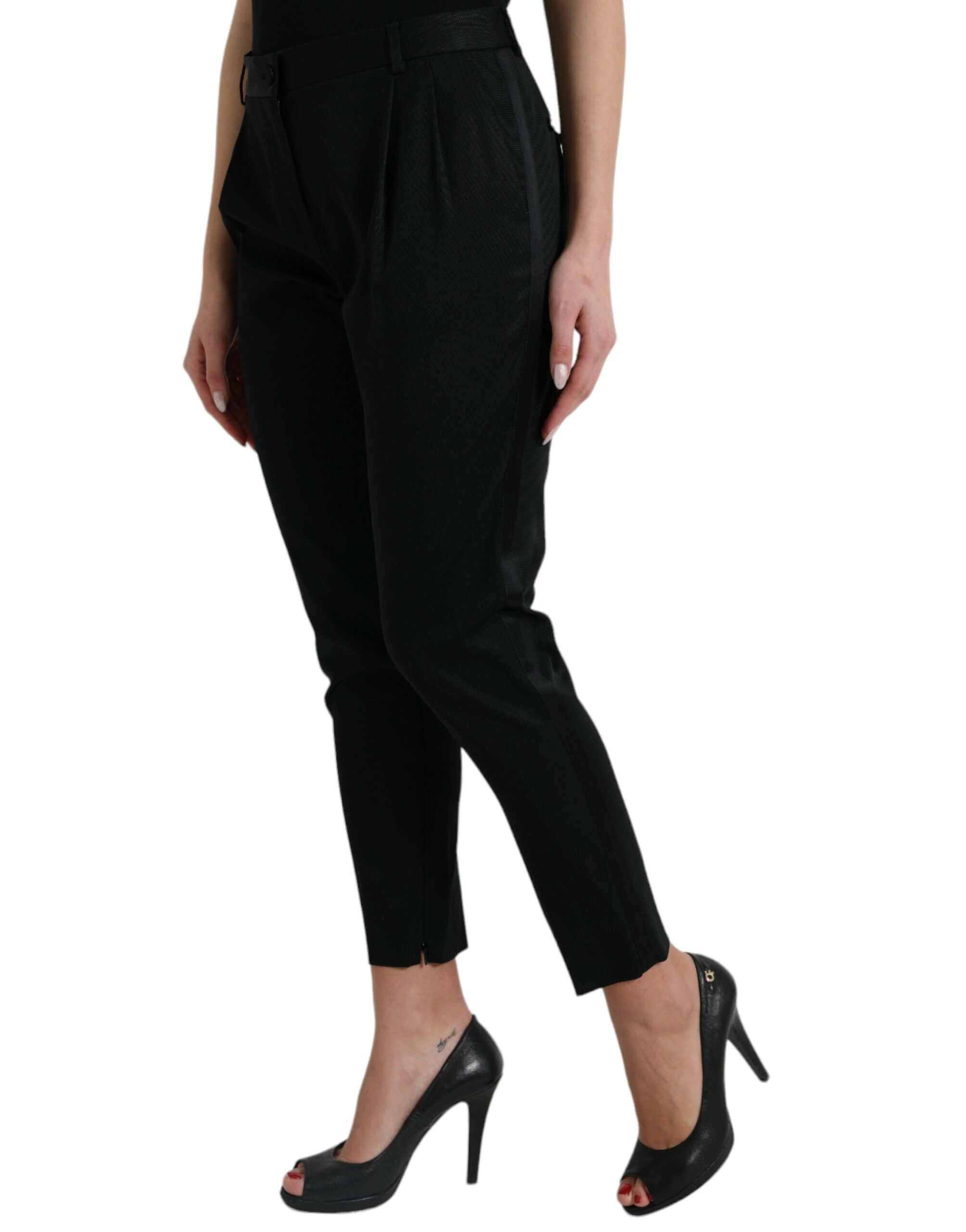 Black Wool High Waist Cropped Tapered Pants - ventzia