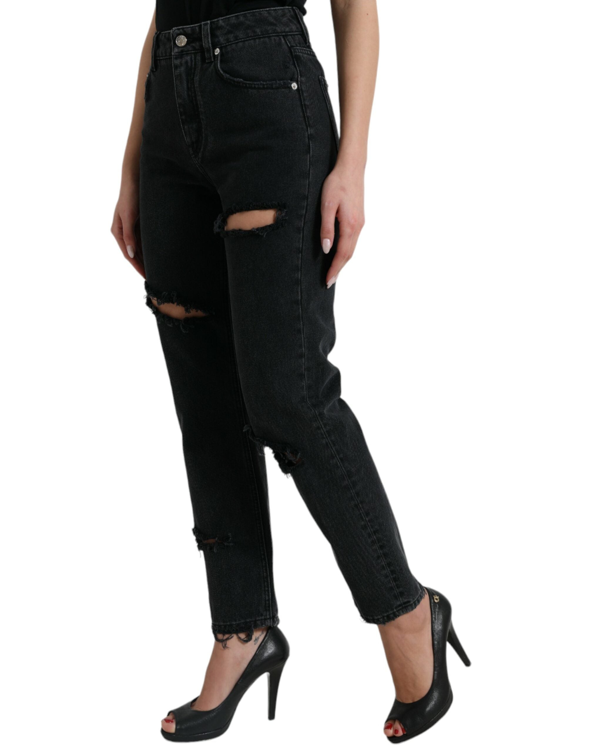 Black Cotton High Waist Tattered Denim Jeans - ventzia