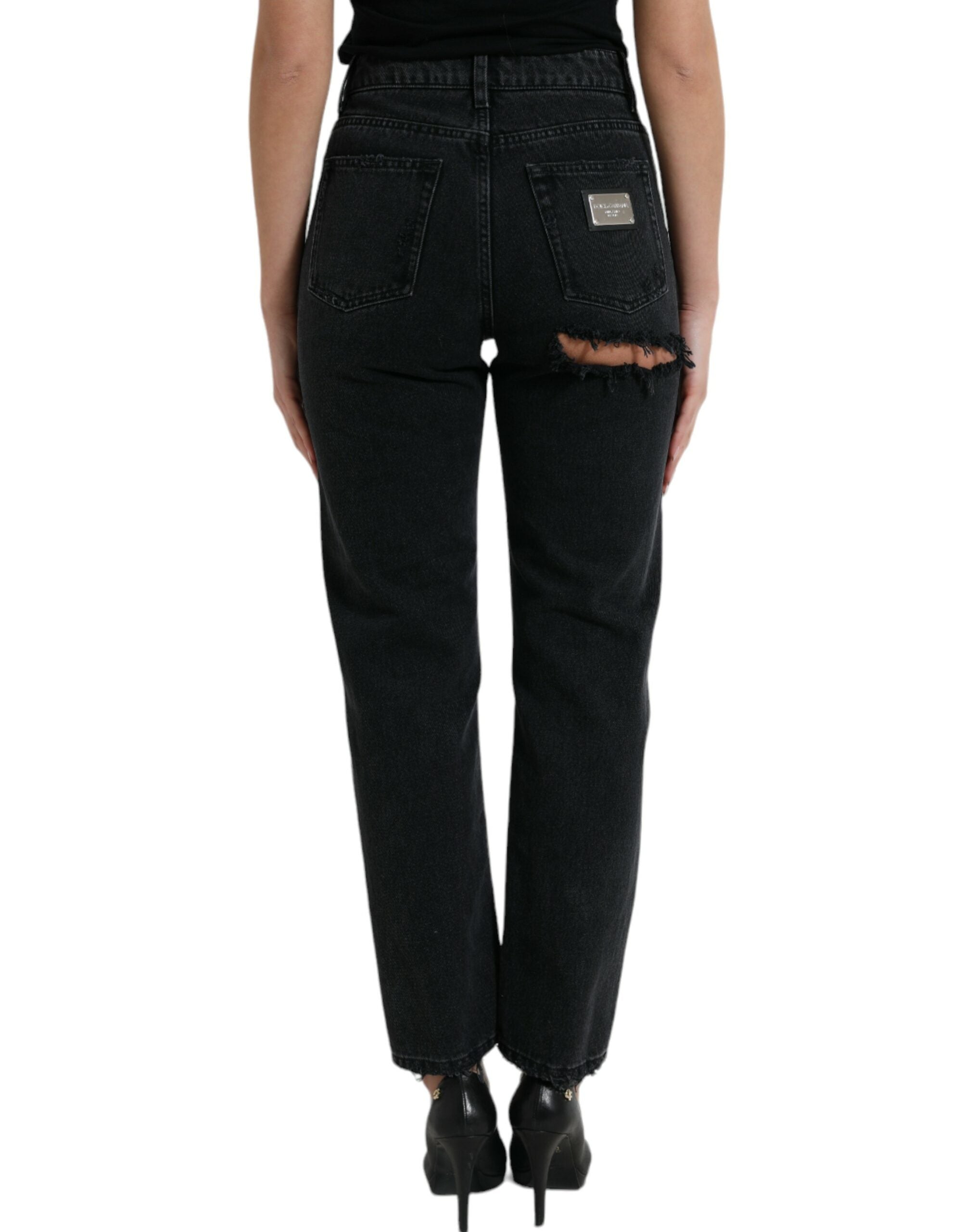 Black Cotton High Waist Tattered Denim Jeans - ventzia