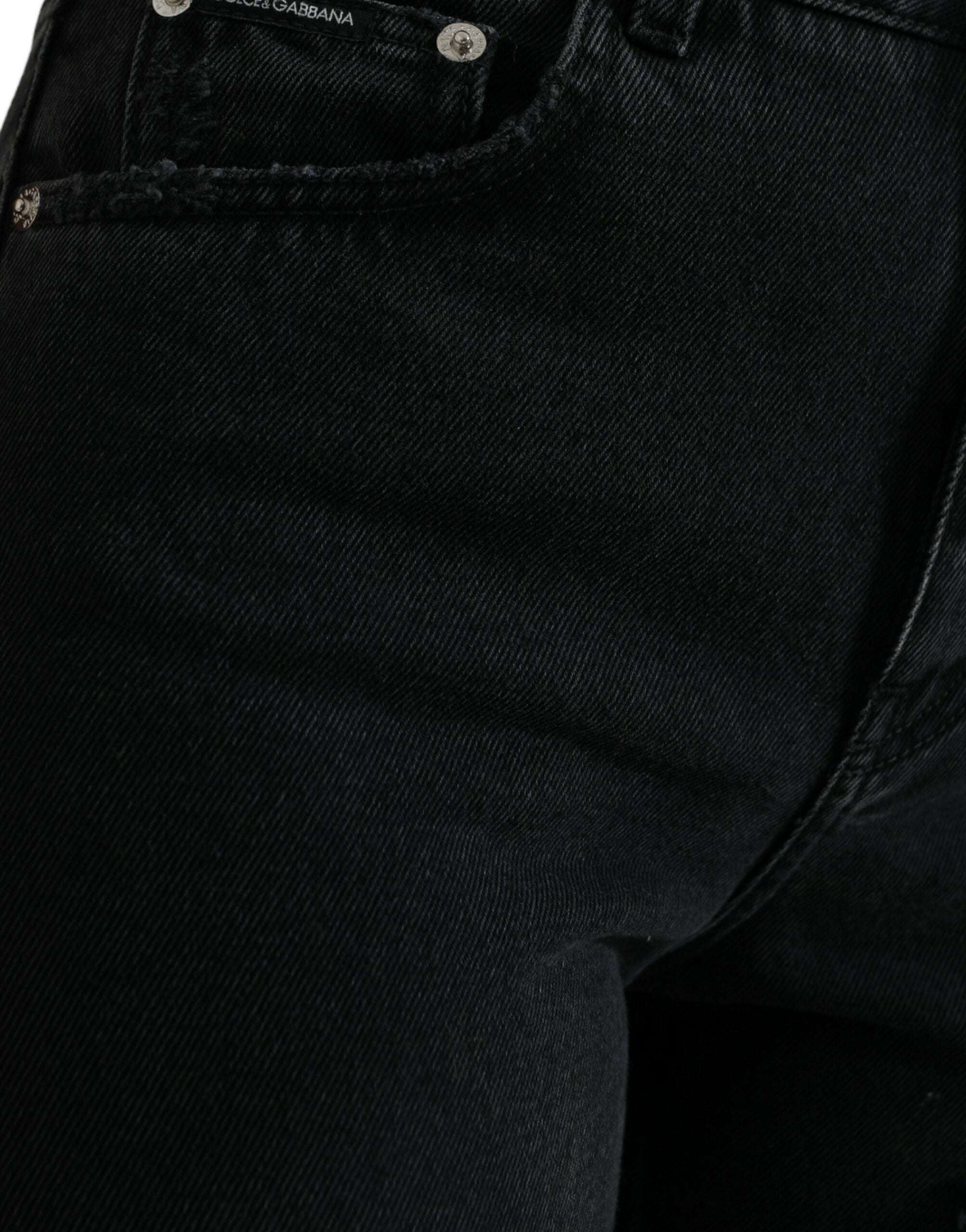 Black Cotton High Waist Tattered Denim Jeans - ventzia