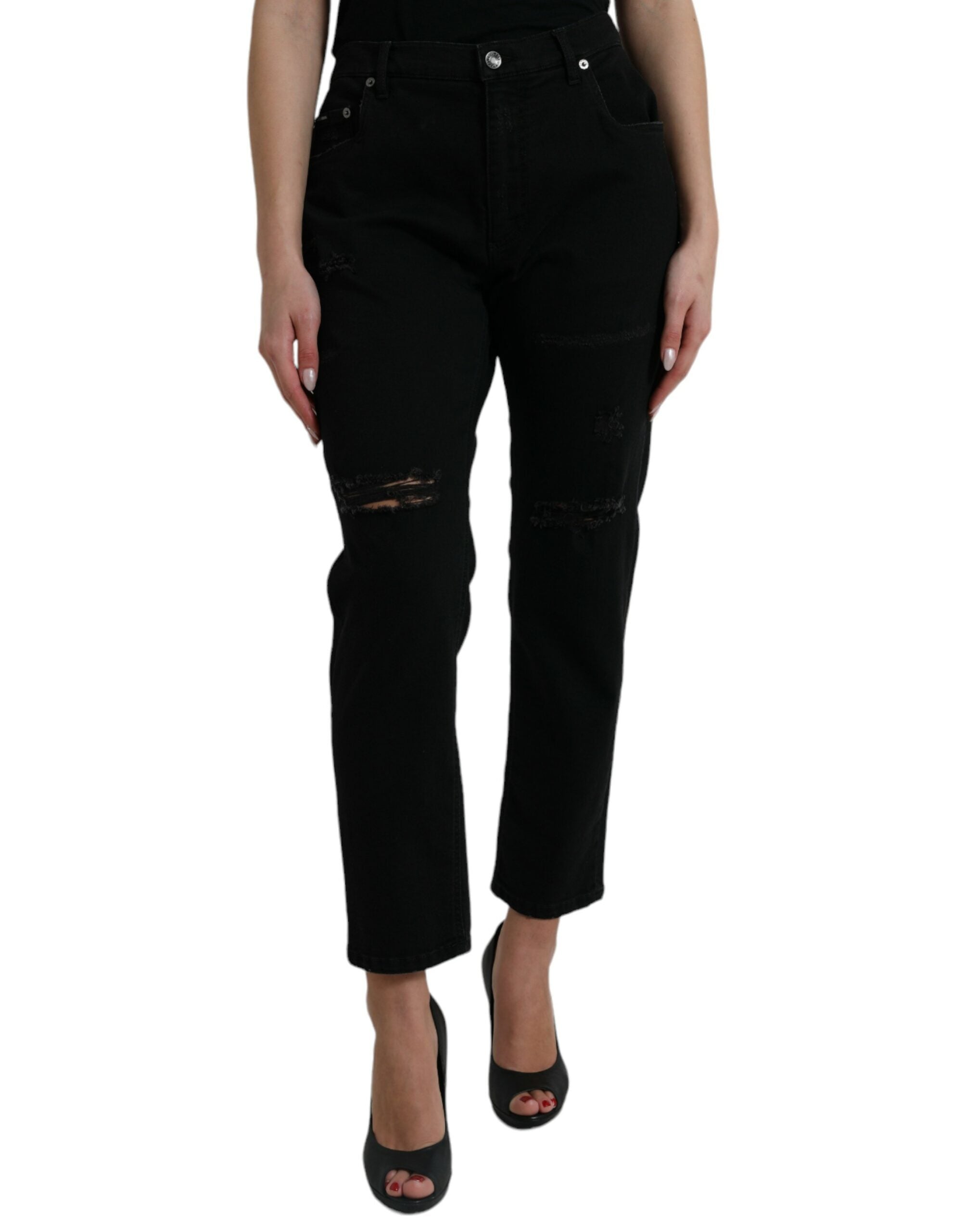 Black Cotton High Waist Tattered Denim Jeans - ventzia