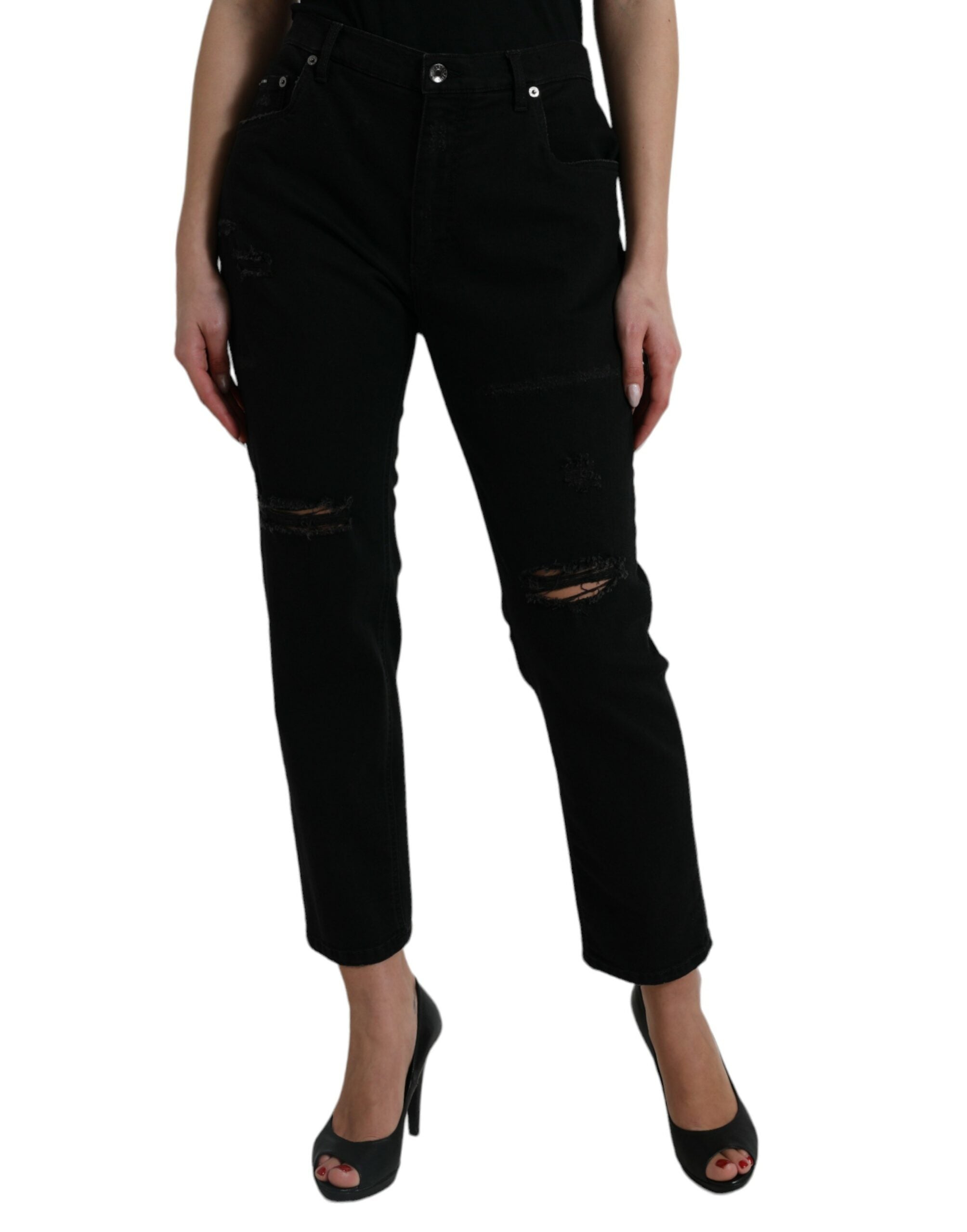 Black Cotton High Waist Tattered Denim Jeans - ventzia