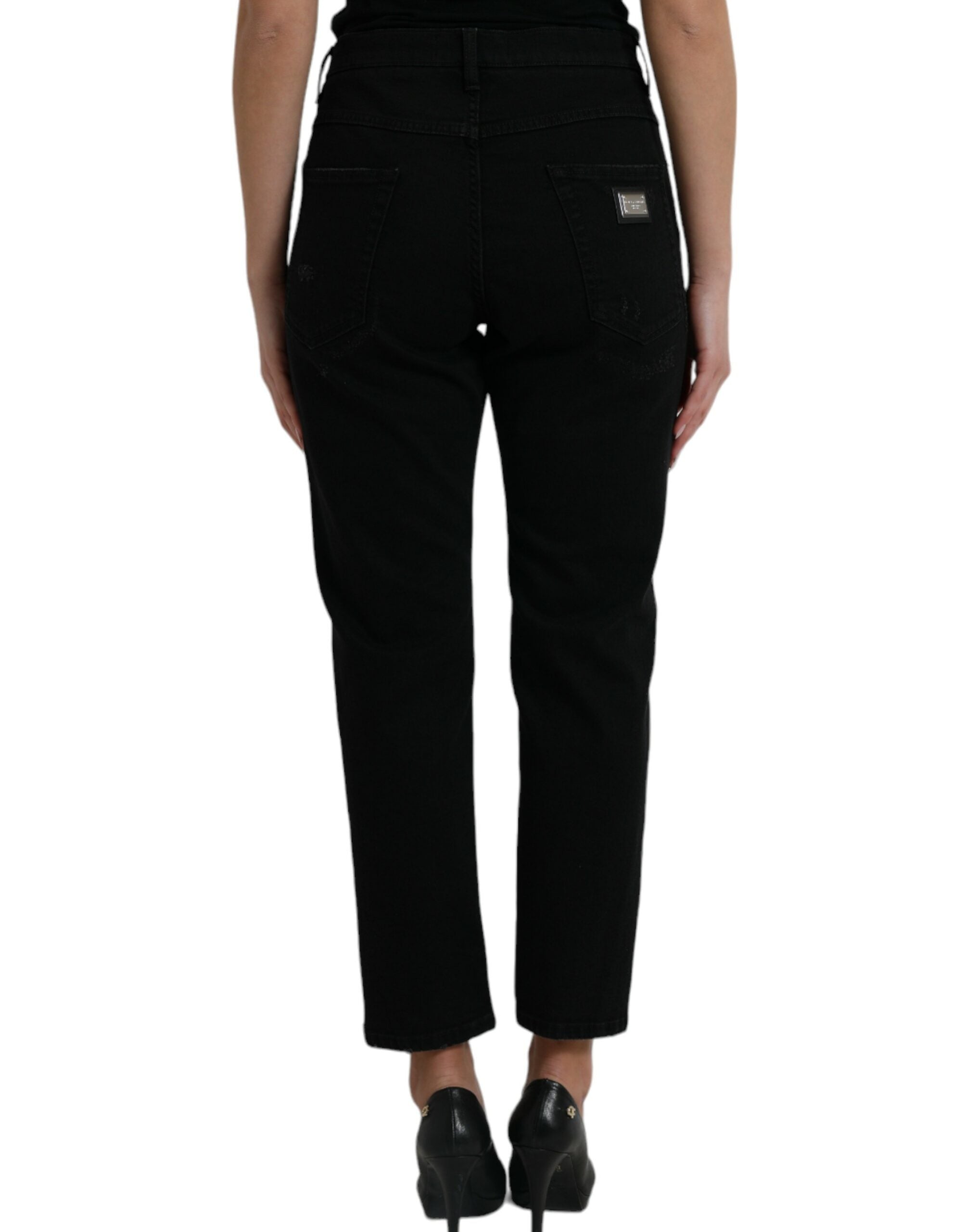 Black Cotton High Waist Tattered Denim Jeans - ventzia