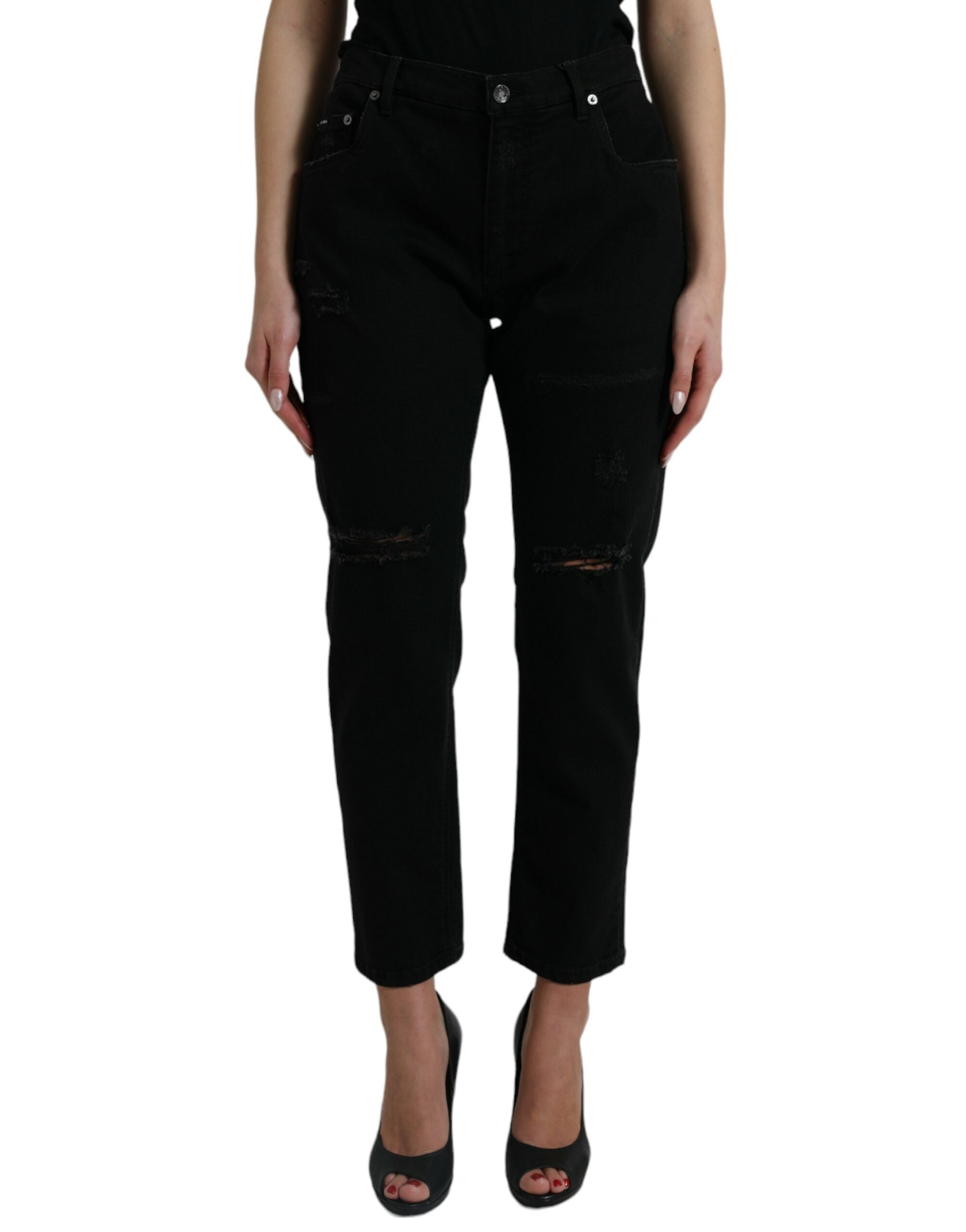 Black Cotton High Waist Tattered Denim Jeans - ventzia