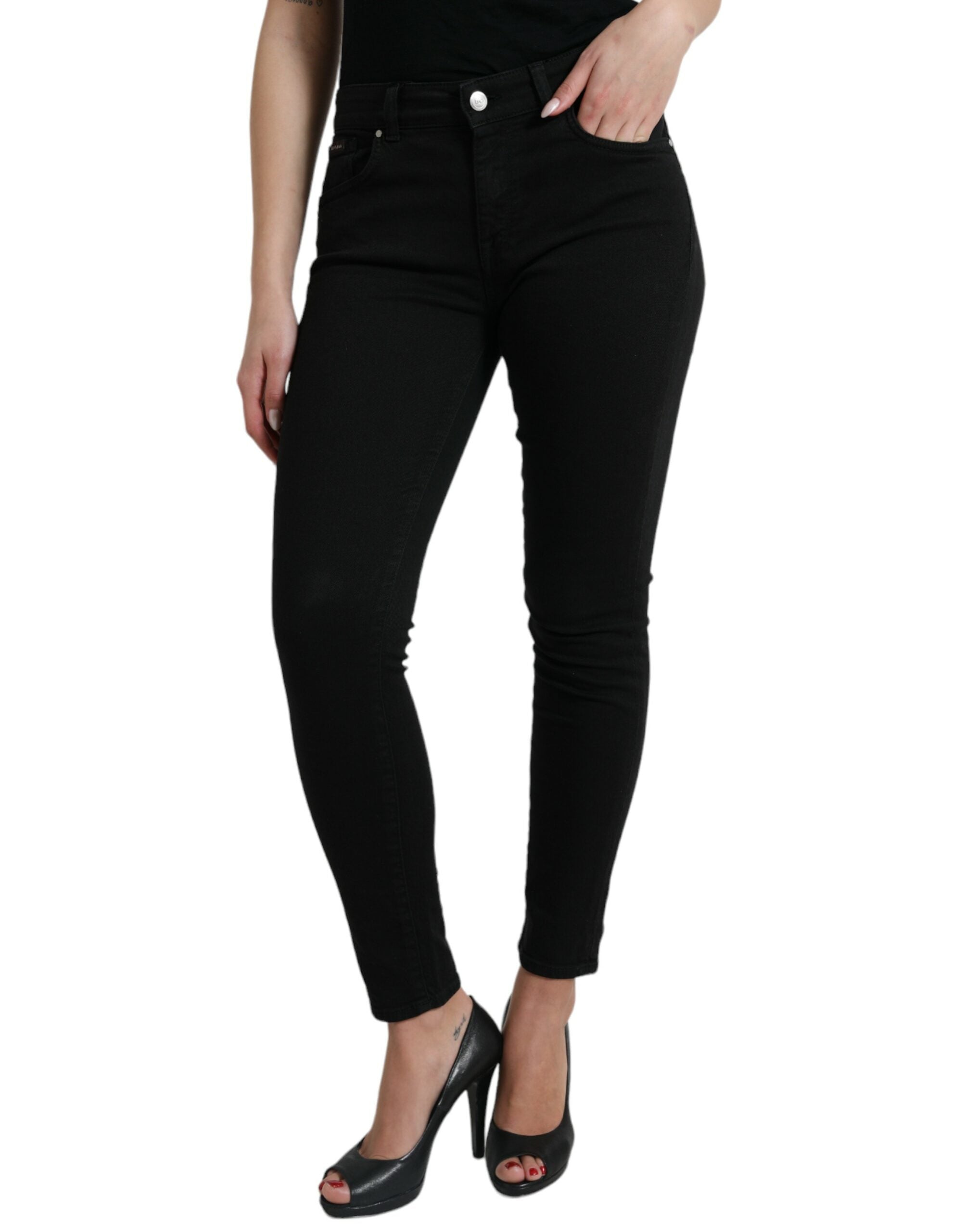 Black Cotton Mid Waist Skinny Denim Jeans - ventzia